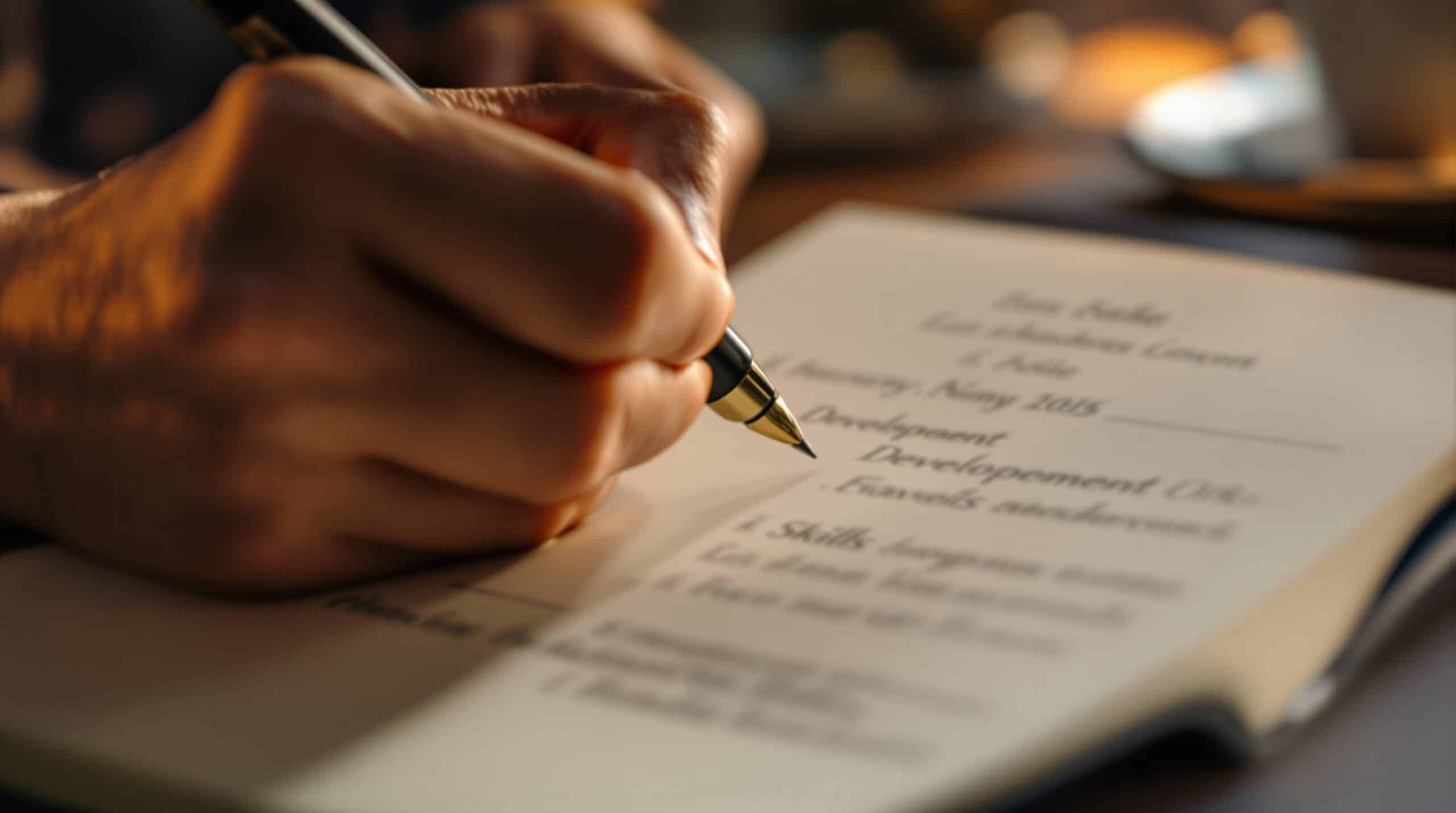 Close-up of hands writing in professional development journal with structured layout for tracking goals and achievements