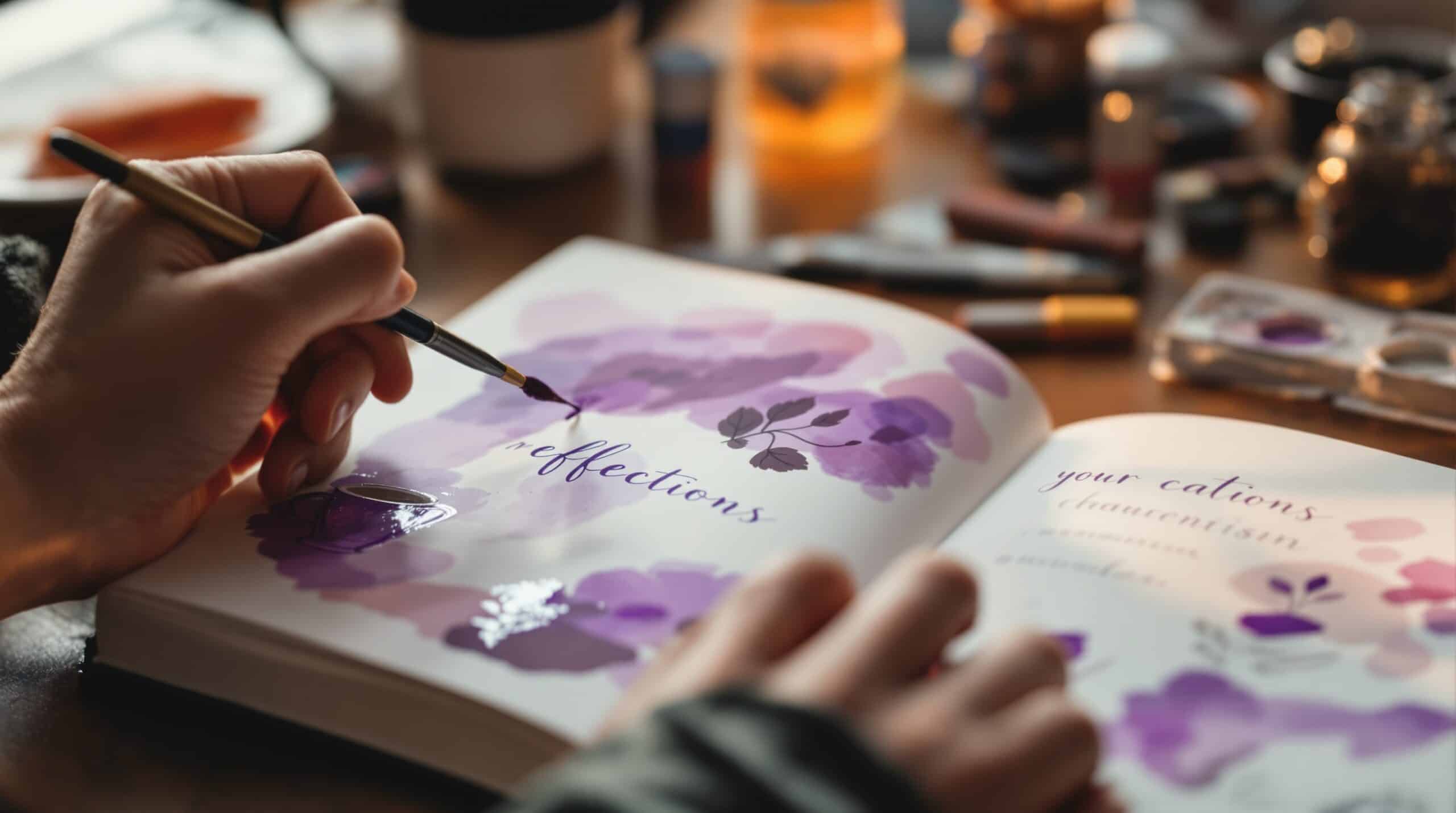 Hands creating art journal spread with watercolor brush, painting purple backgrounds around coffee cup sketches