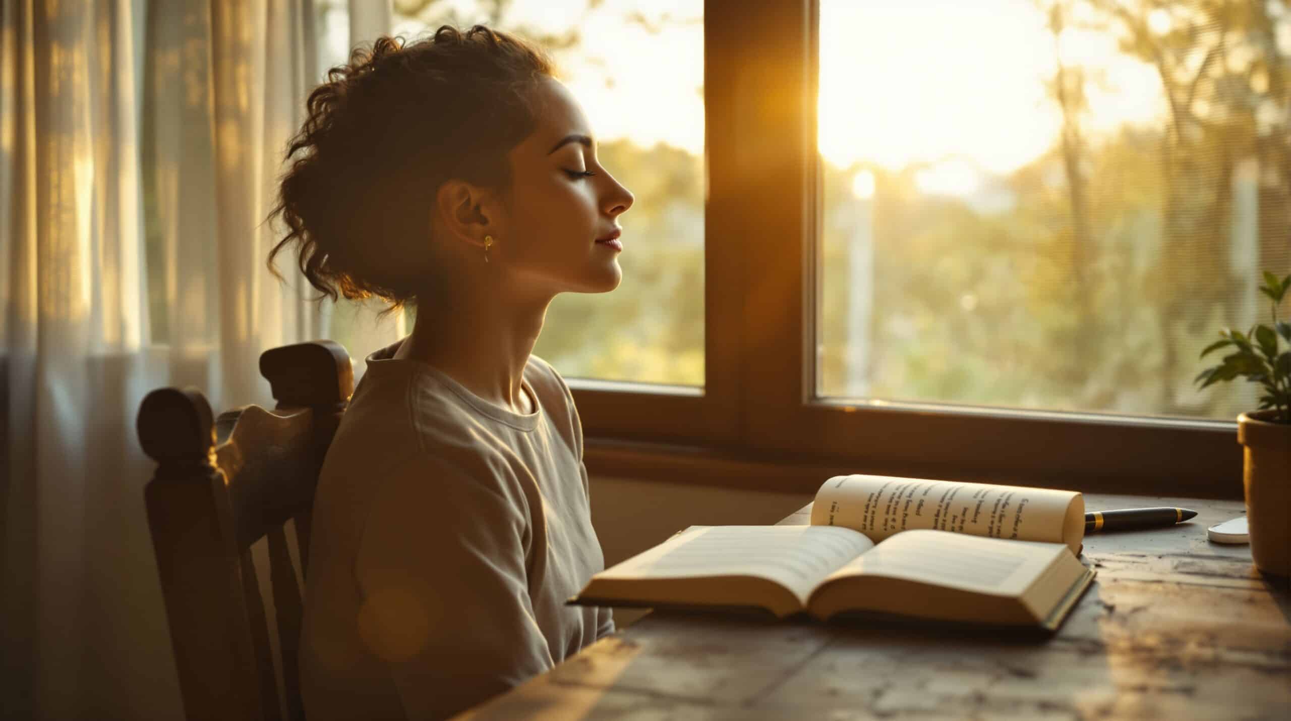 Person in peaceful meditation at wooden desk with open journal, soft golden light filtering through window