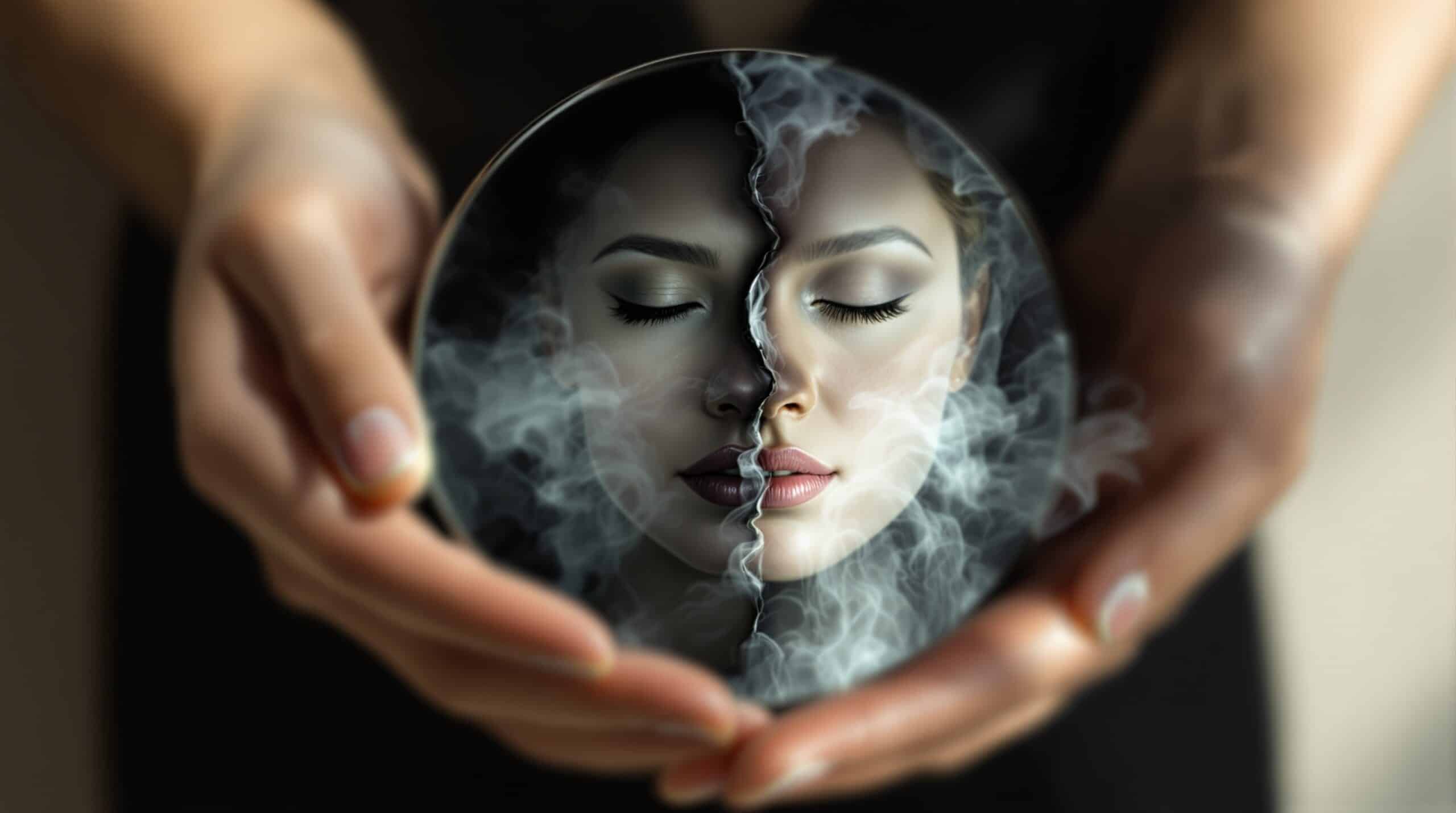 Hands holding mirror reflecting light and shadow, symbolizing duality of human nature in shadow work journaling