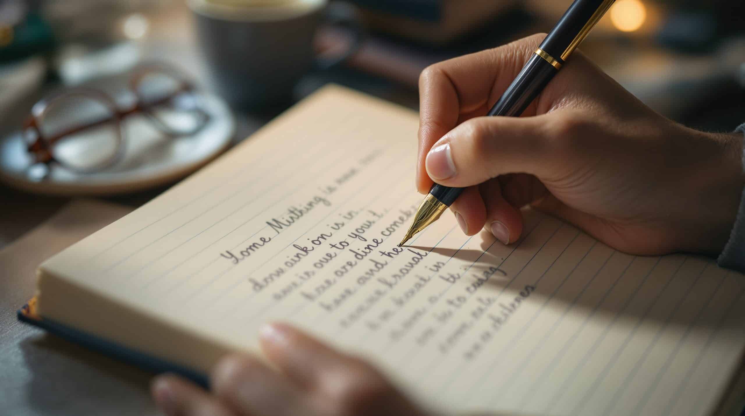 Hands writing in journal with pen, showing handwritten text on lined pages with coffee and cozy writing space