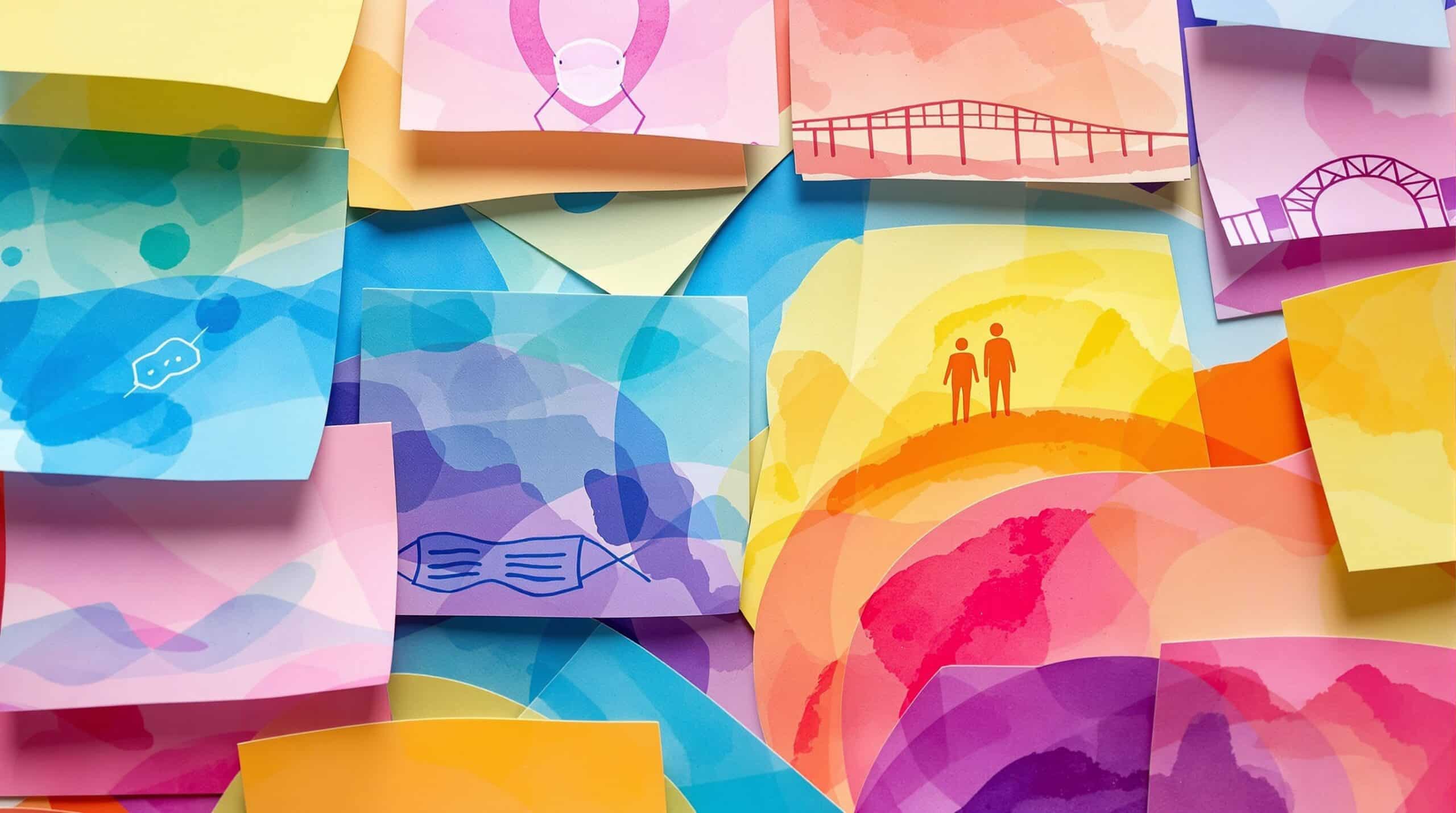 Colorful watercolor journal pages with shields, masks, and bridges representing defense mechanisms in therapeutic artwork