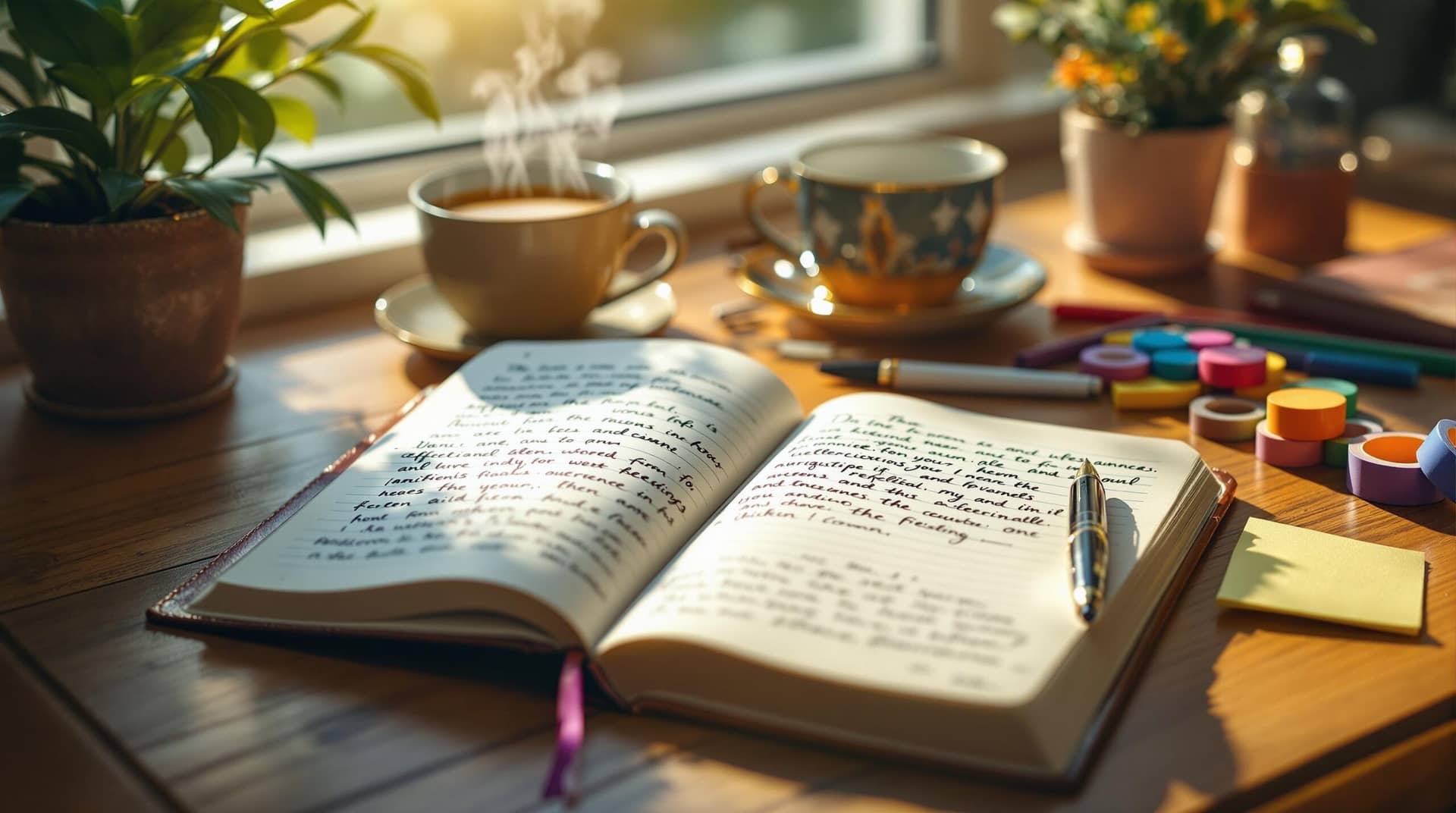  Cozy wooden desk with open leather journal, fountain pen, and tea showcasing what is journaling - a mindful creative practice with organized supplies illuminated by warm sunlight. 