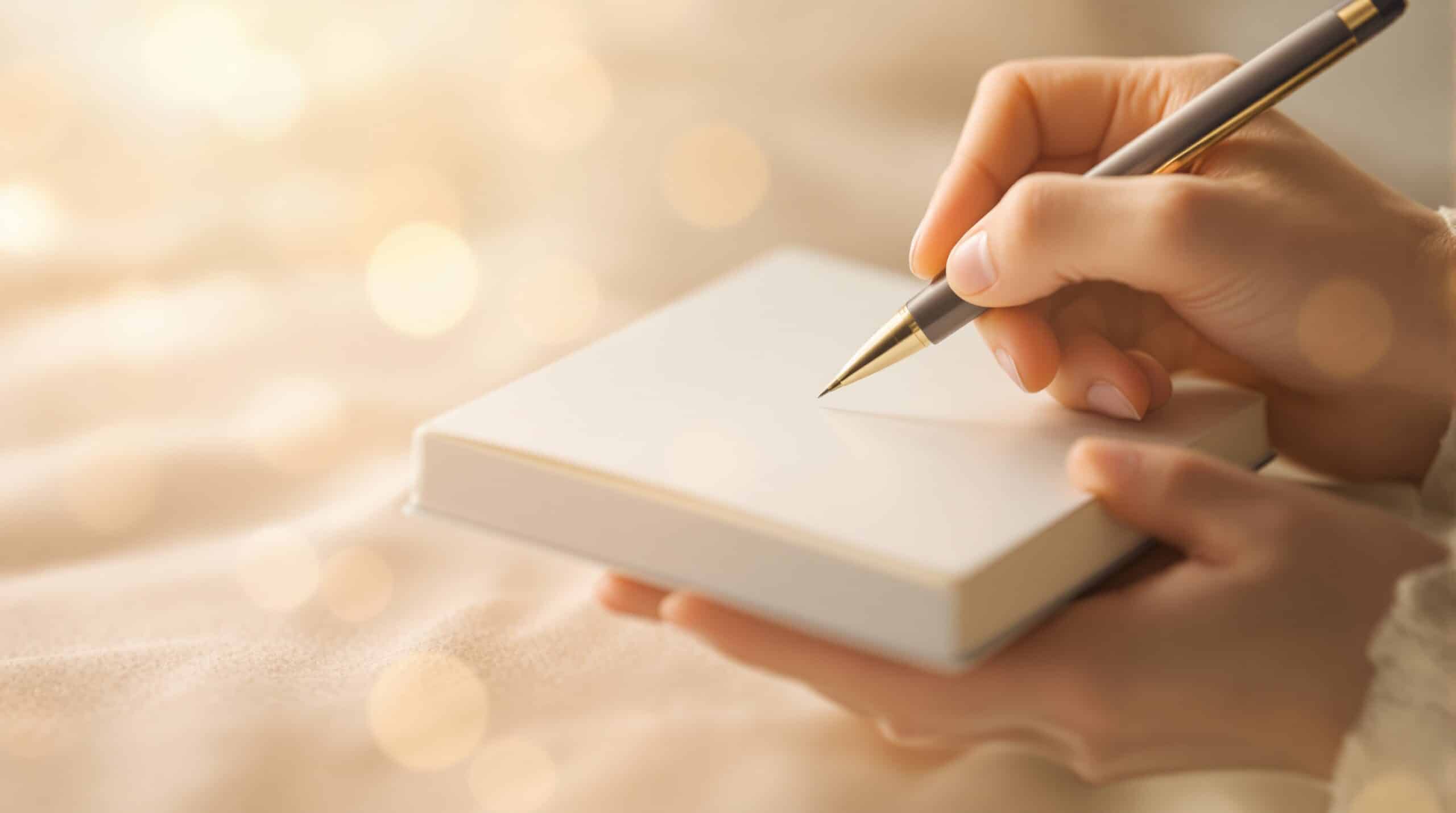 Hands gently holding an open journal with pen, captured in soft golden lighting during a therapeutic writing session