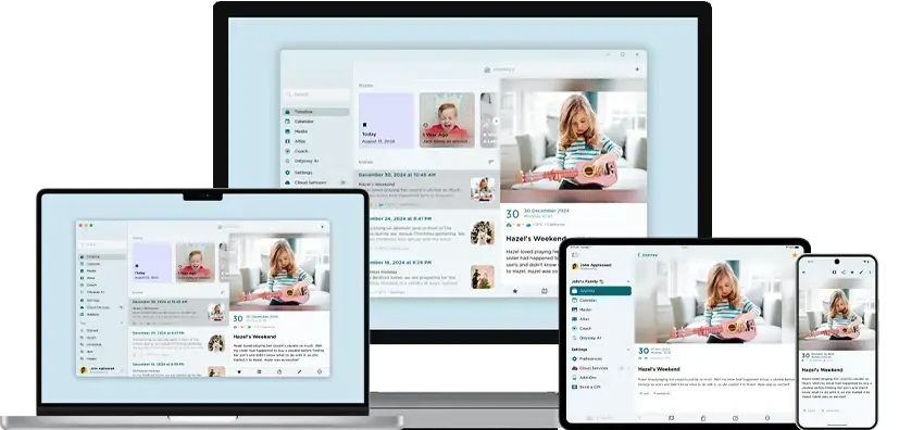 The Journey journaling app displayed across multiple devices: desktop monitor, laptop, tablet, and smartphone. Each screen shows the same journal interface featuring family photos of a child and a woman reading, with entries titled 'Misty's Weekend' and dated September 30. The consistent layout across all devices demonstrates Journey's cross-platform synchronization capabilities.