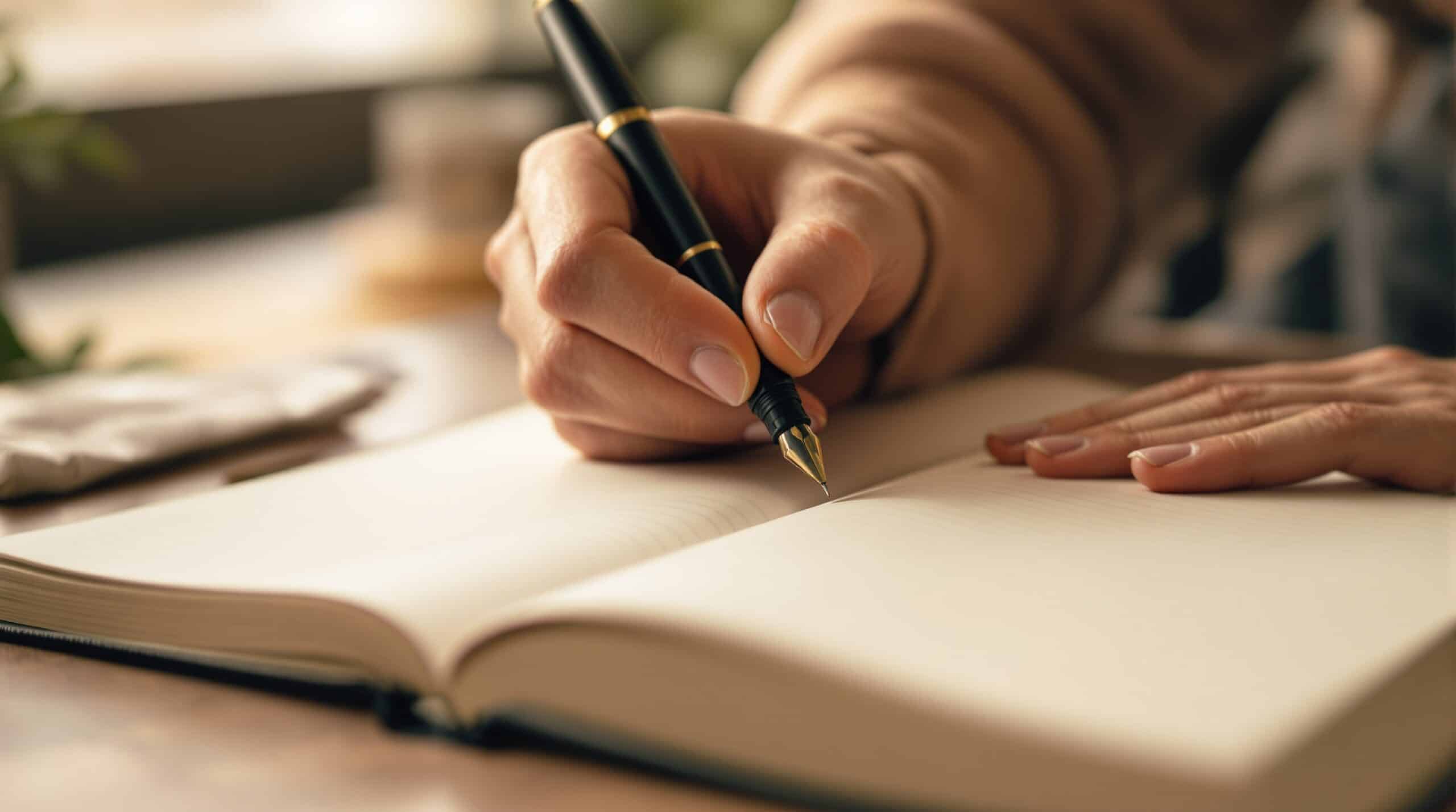 Hands holding fountain pen above open journal in soft lighting, capturing mindful journaling moment before writing