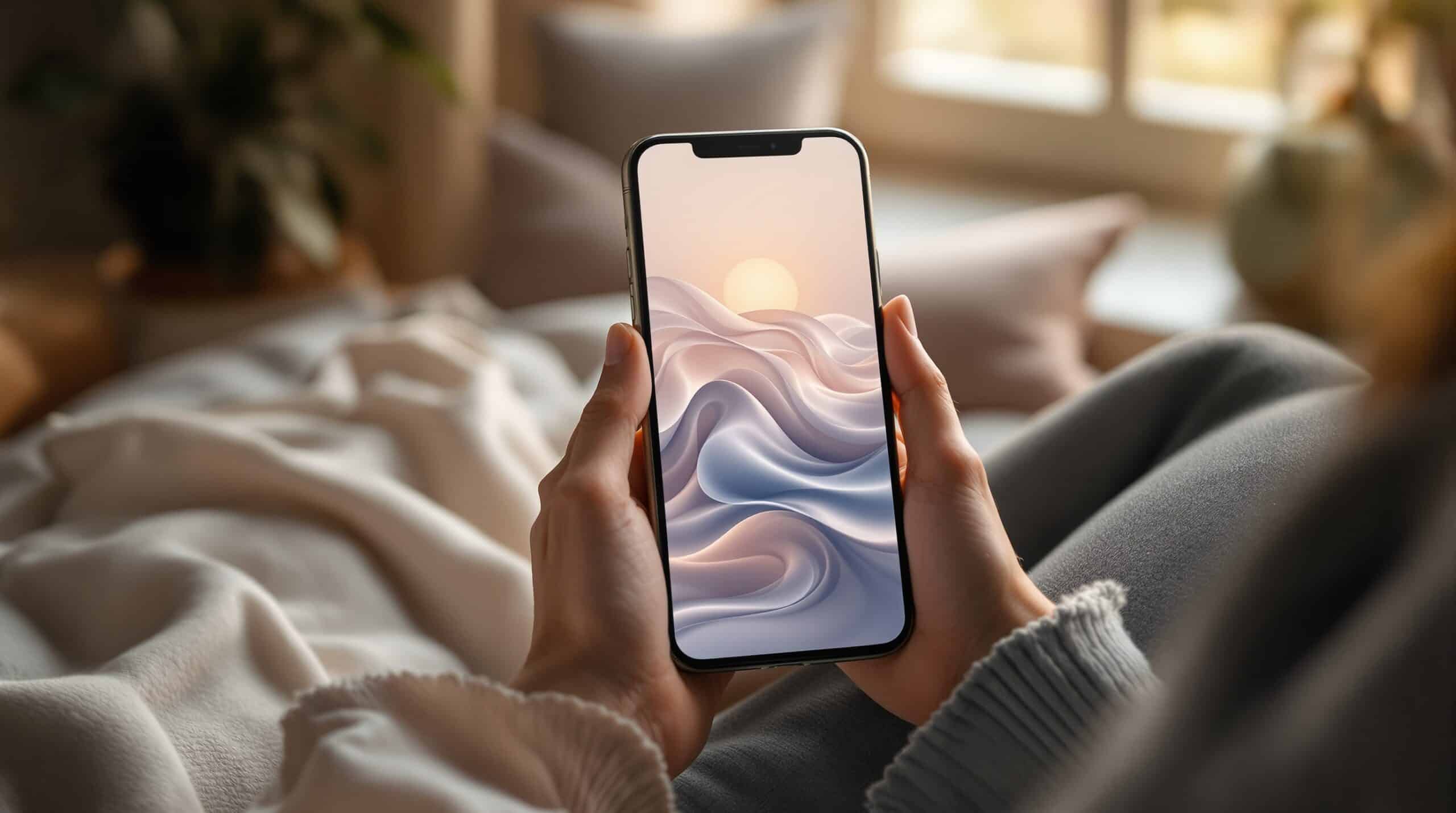 Hands holding smartphone displaying mood tracking app with colorful gradients in cozy, naturally-lit setting