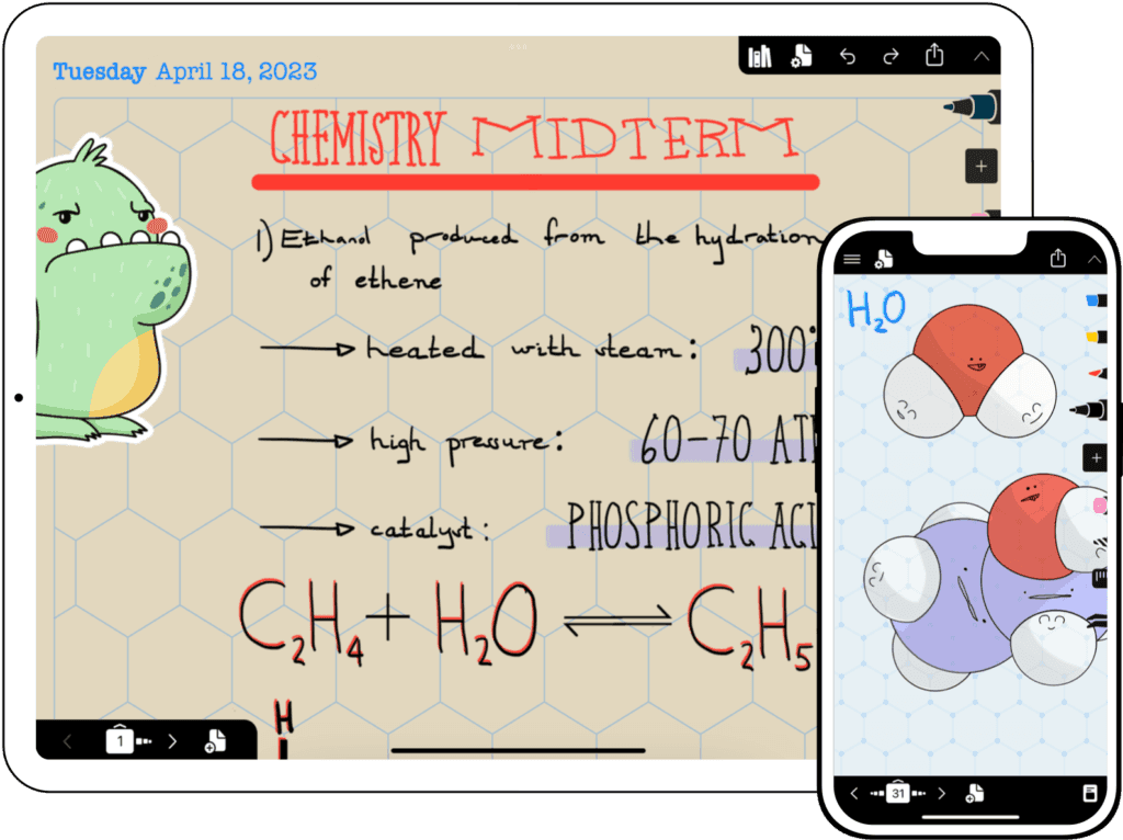 Penbook app shown on iPad and iPhone with chemistry study notes. The iPad displays 'CHEMISTRY MIDTERM' with notes about ethanol production including reaction conditions (300°C, 60-70 ATM, phosphoric acid catalyst) and the chemical equation C₂H₄ + H₂O ⇌ C₂H₅OH. A cute cartoon dinosaur decorates the corner. The iPhone shows a water molecule (H₂O) illustrated with friendly cartoon-style atoms on a hexagonal grid background.