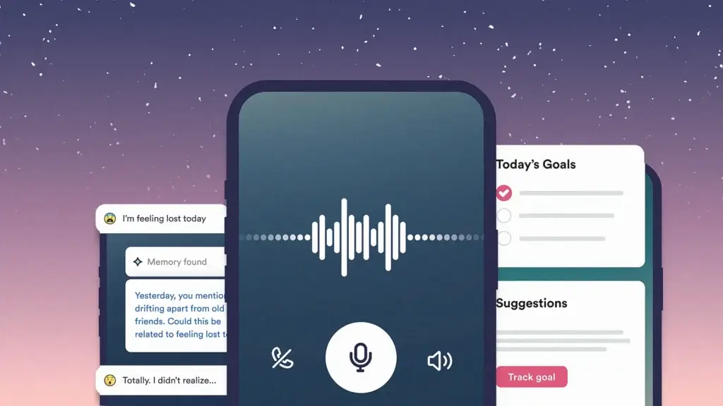 the Rosebud AI journaling app showing three smartphone screens on a starry purple-pink gradient background. The center screen displays a voice recording interface with sound wave visualization and microphone button for voice journaling. The left screen shows an AI-assisted conversation where the user states 'I'm feeling lost today' and Rosebud responds with 'Memory found' followed by an insight connecting this feeling to previously mentioned concerns about drifting apart from friends. The right screen contains 'Today's Goals' with a checklist and a 'Suggestions' section with a 'Track goal' button. The design illustrates Rosebud's AI-powered emotional insights and voice journaling capabilities.