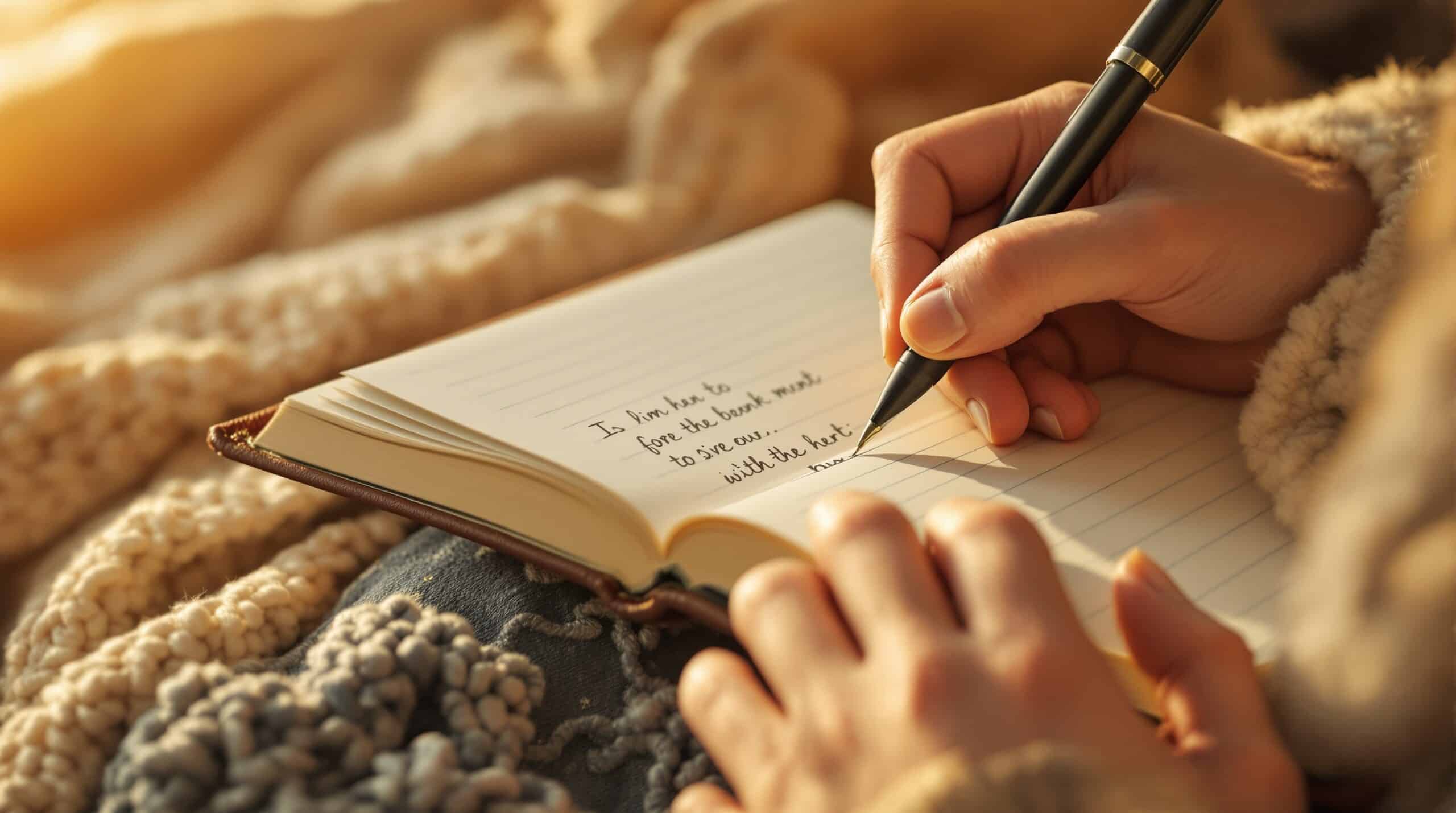 Hands writing in leather journal with pen during golden hour, demonstrating how to do journaling practice