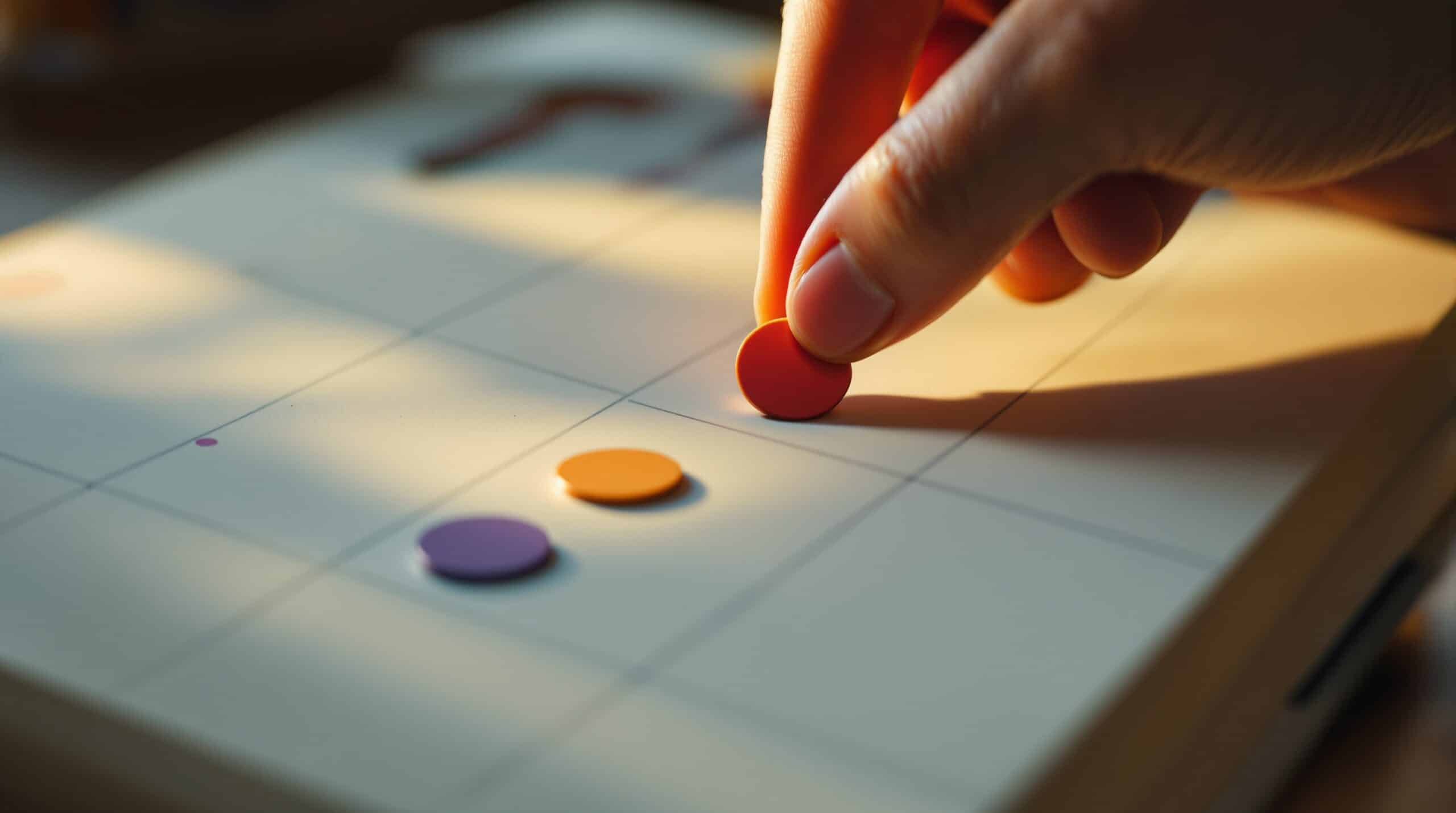 Hands placing colorful mood-tracking journaling stickers on bullet journal grid with warm lighting