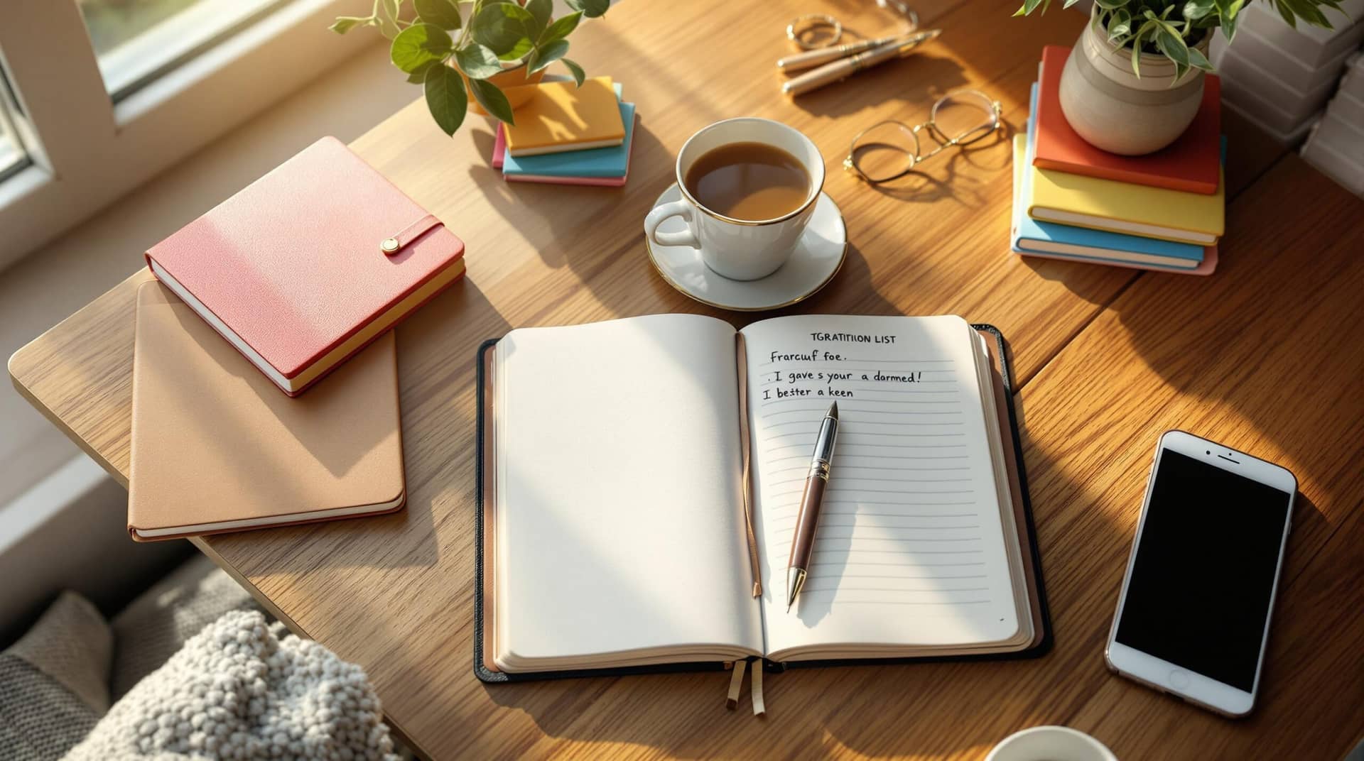  A cozy wooden desk by a sunlit window showing how to start journaling with an open leather journal displaying a gratitude list, fountain pen, steaming tea, colorful notebooks, and smartphone with journaling app, all bathed in warm morning light. 