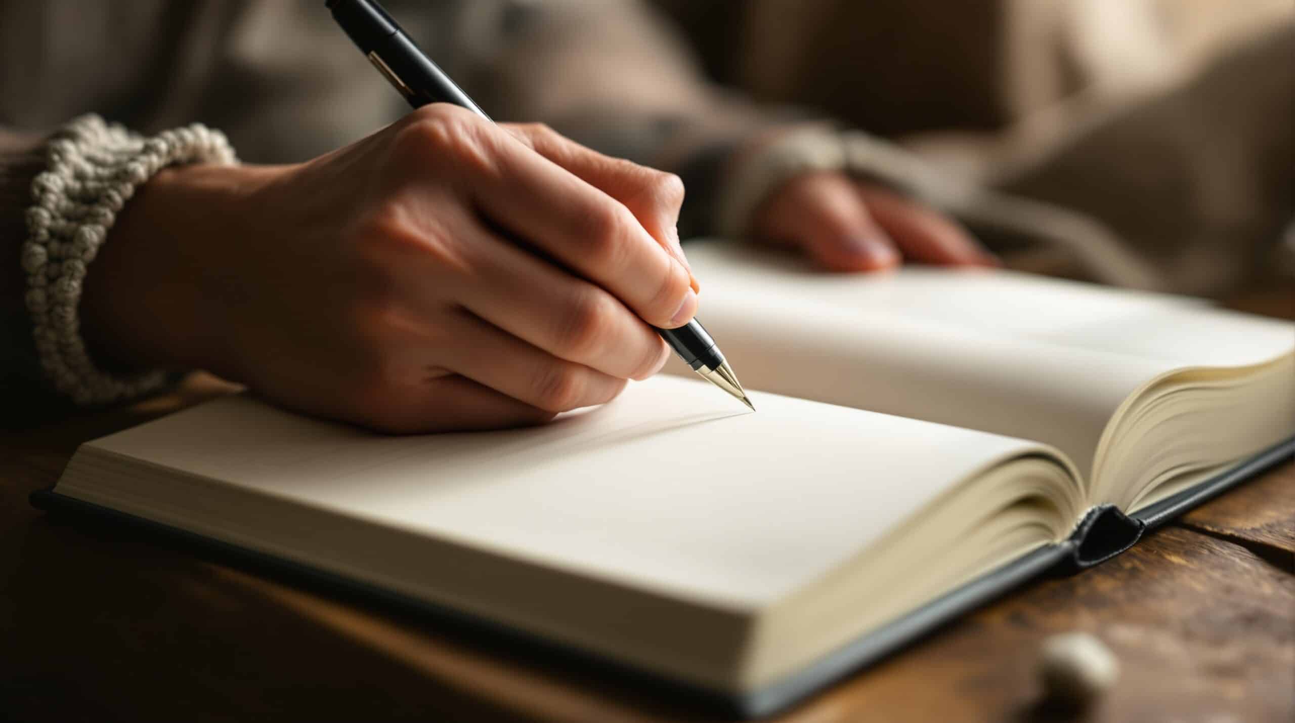 Hands holding pen over blank journal pages, ready to begin personal journaling practice in soft natural light
