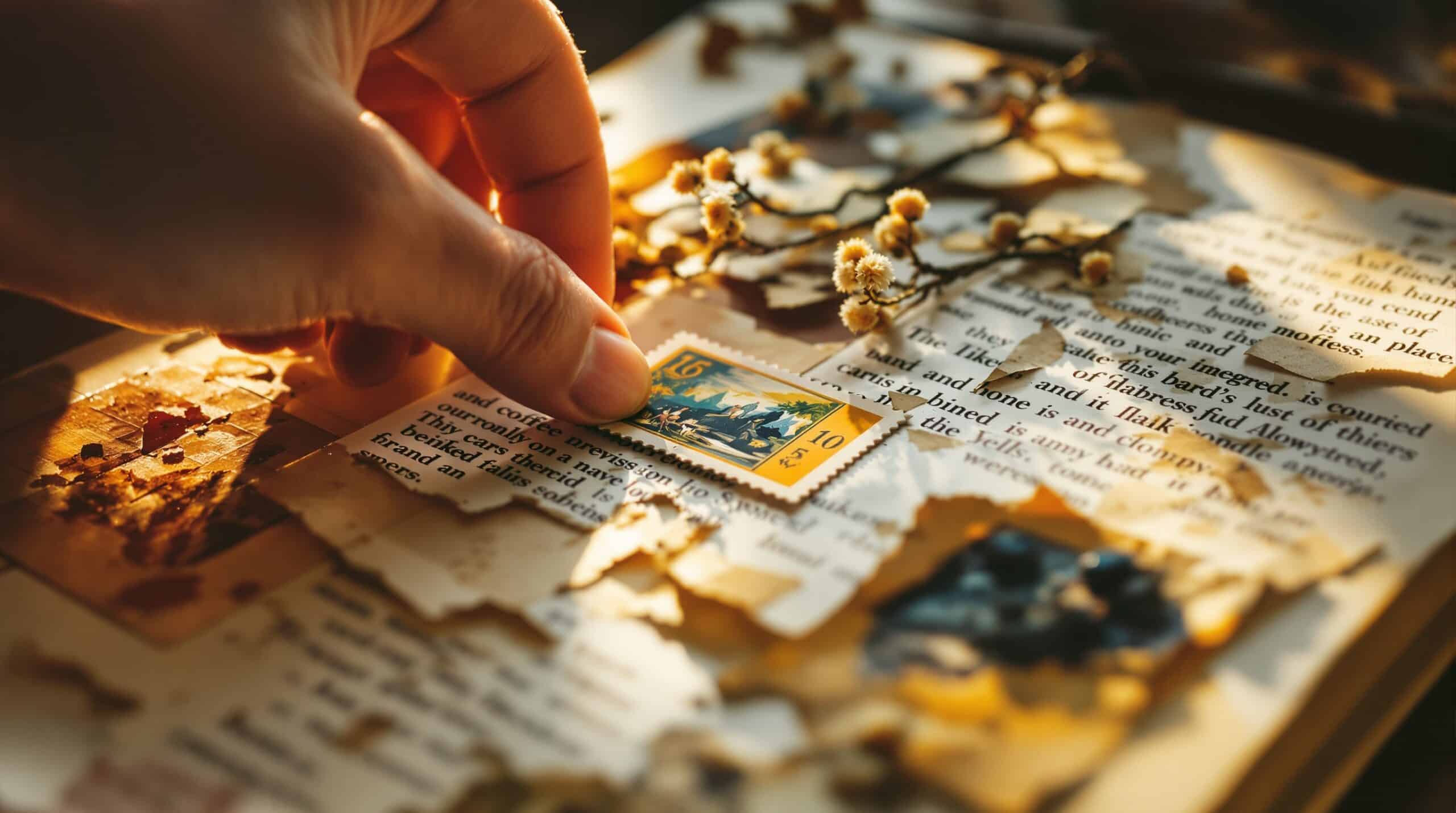 Hands placing vintage stamp on junk journal page with layered torn papers, pressed botanicals, and handwritten notes