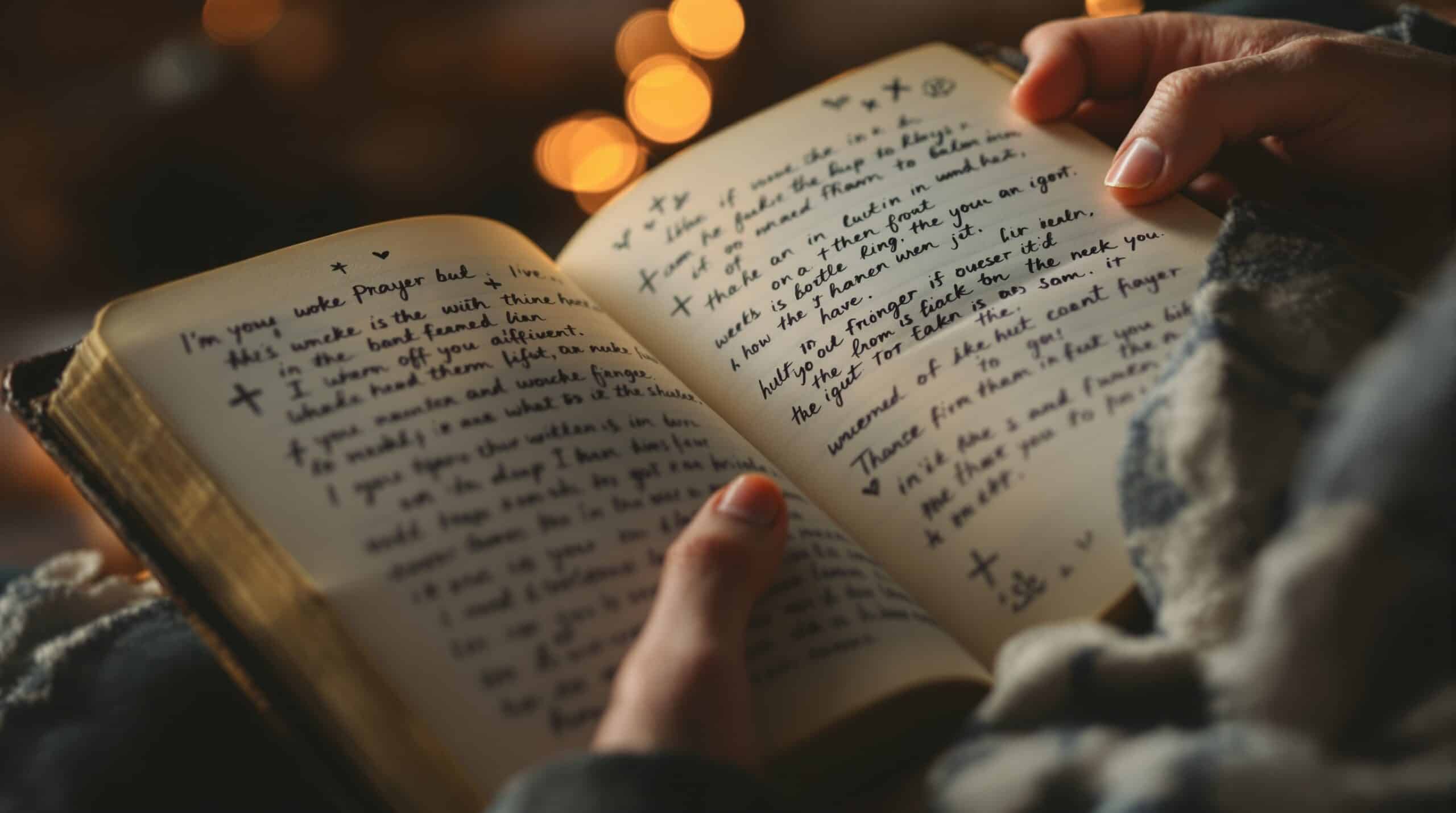 Hands holding worn leather spiritual journal with handwritten prayers, crosses, and floral sketches in warm golden light