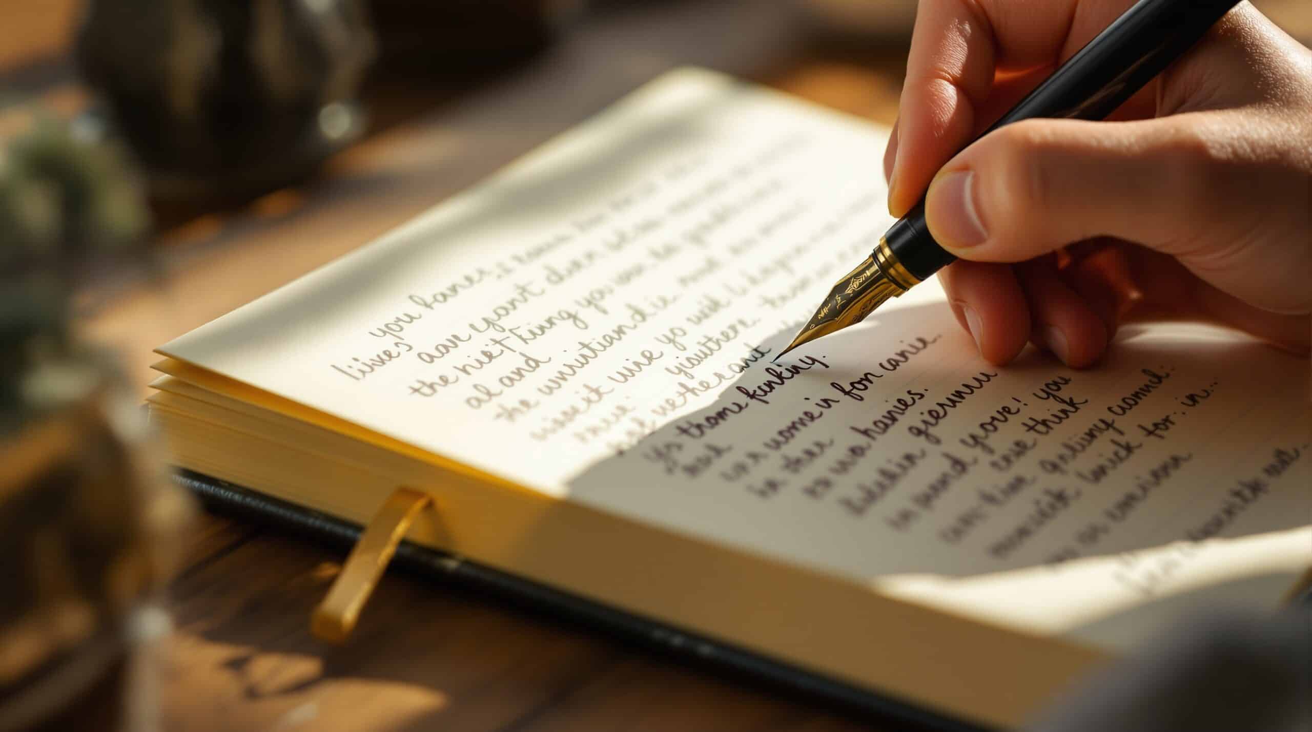 Hand writing in journal with fountain pen, capturing live journaling in cozy café setting with natural lighting