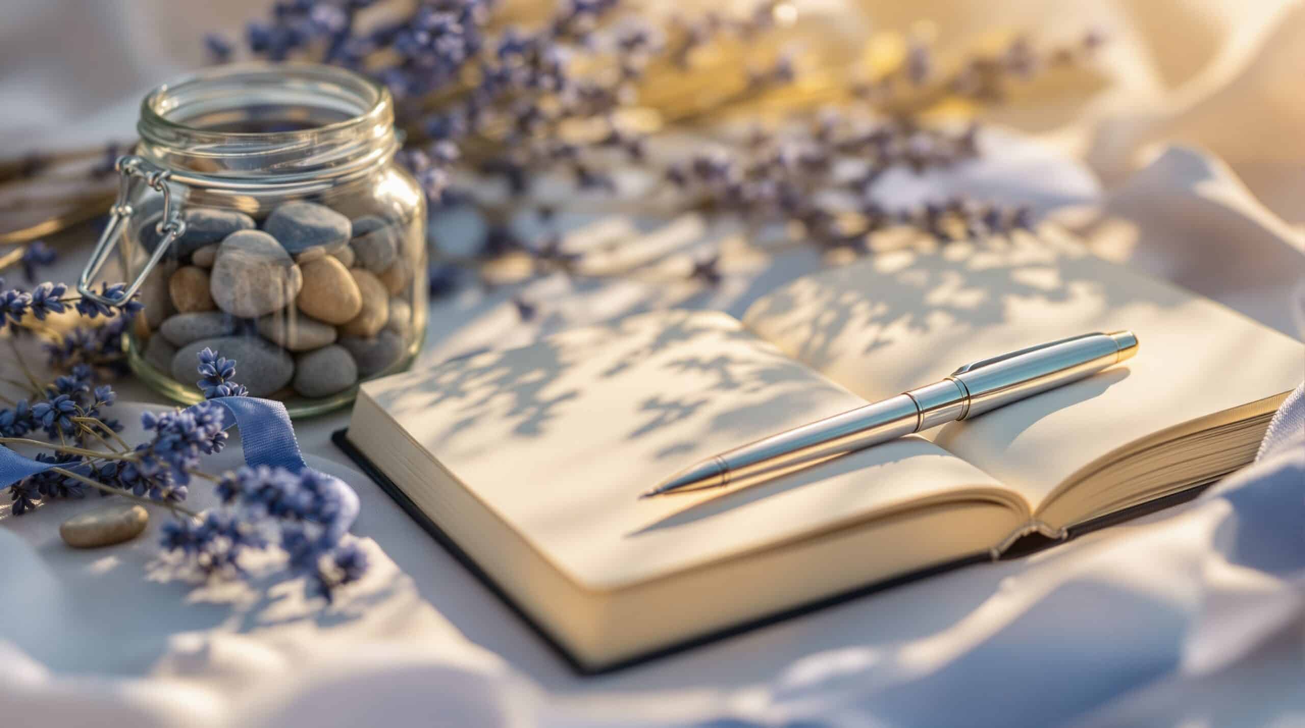 Open journal with pen surrounded by calming elements like lavender and stones, symbolizing journaling benefits for mental health