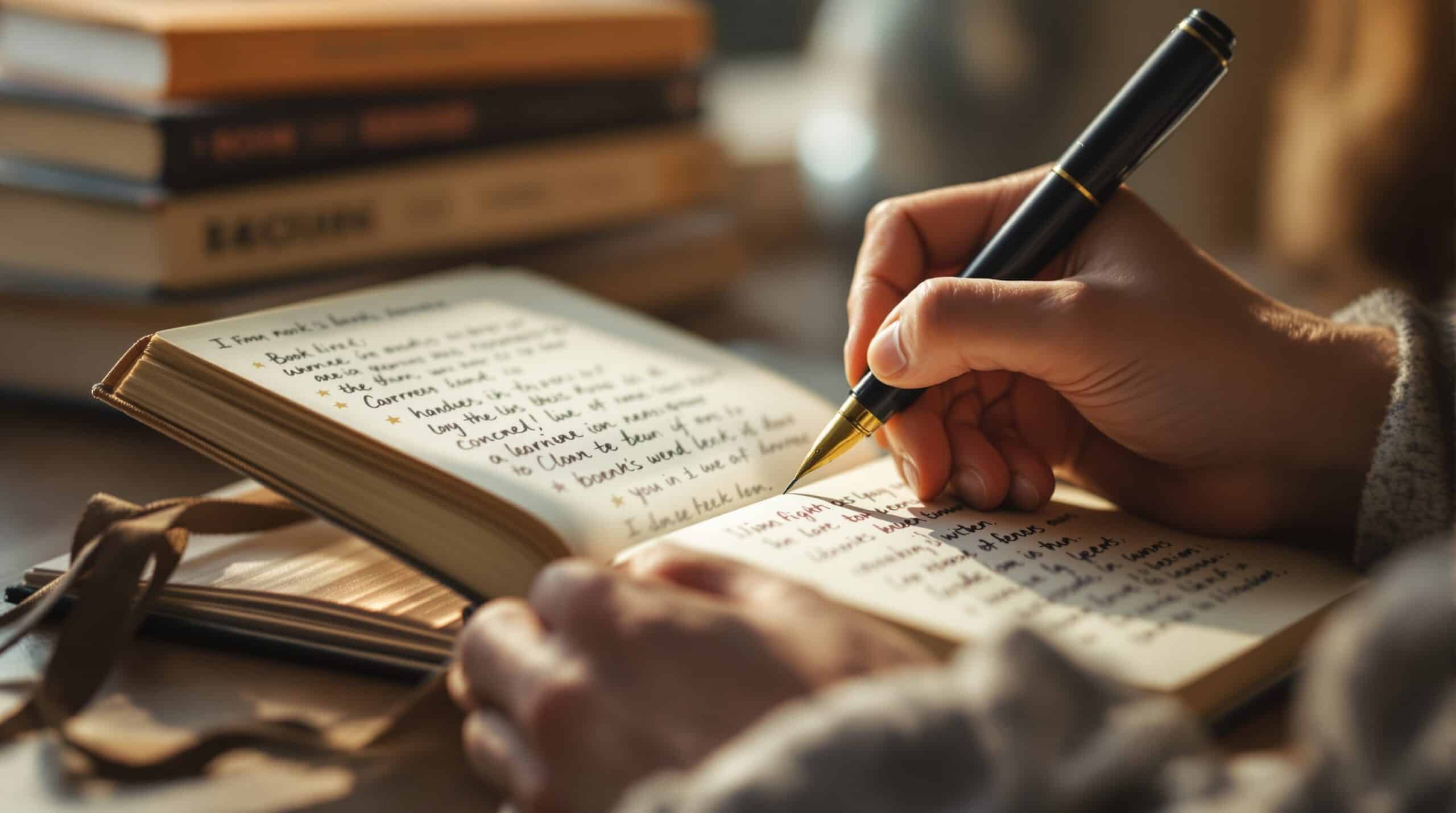 Hands writing in a book journal with fountain pen, showing handwritten titles, ratings, and notes with books in background