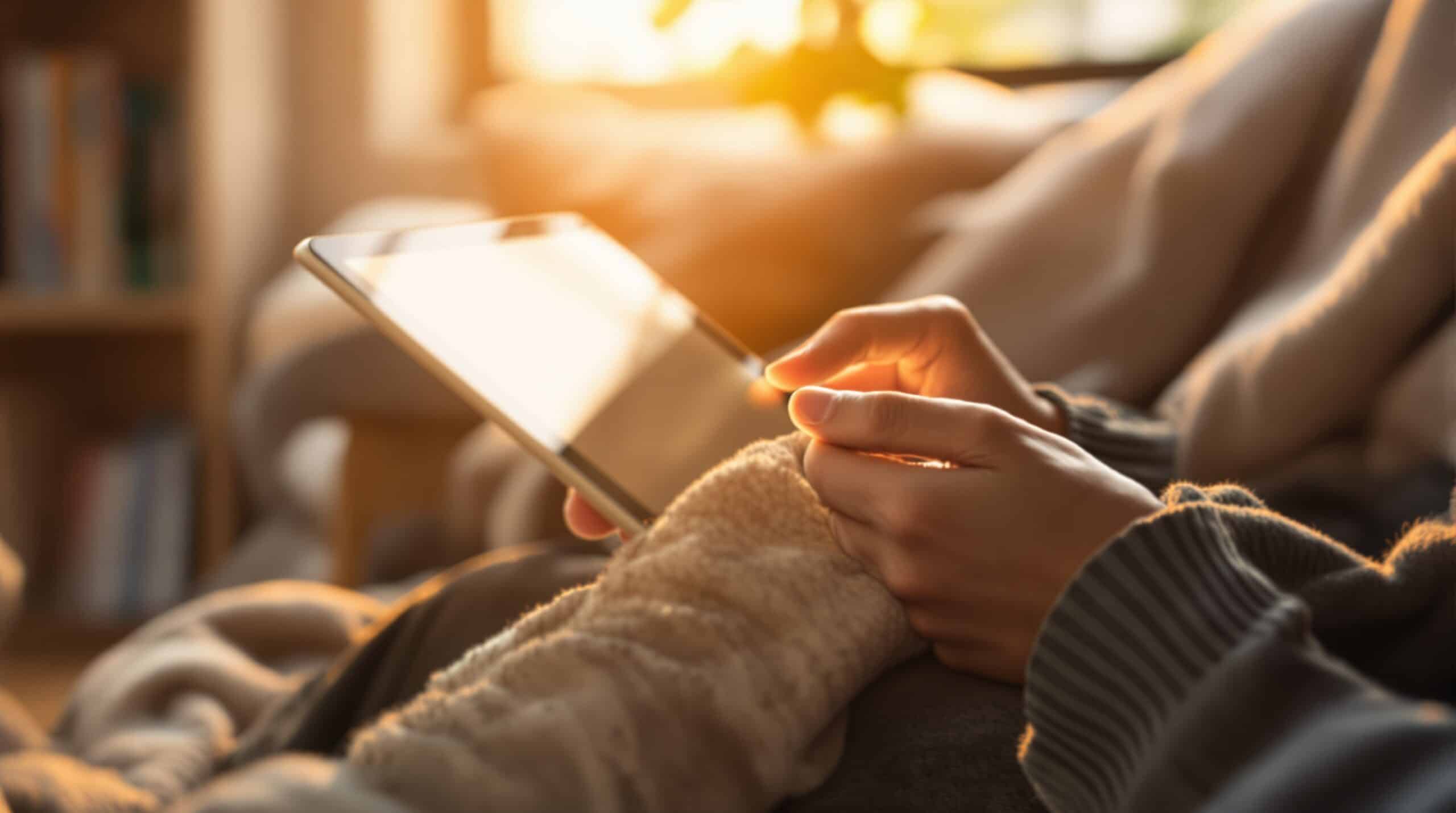 Hands holding tablet for digital journaling in cozy chair with warm golden hour lighting and blurred bookshelf background