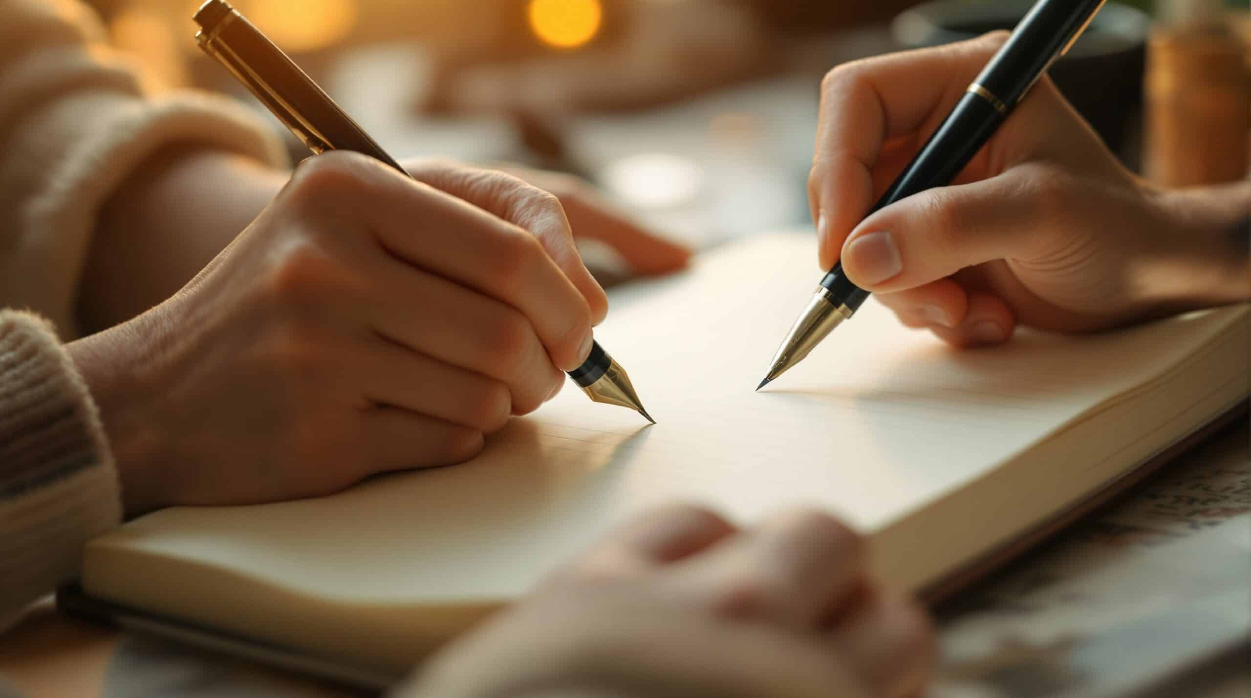 Hands writing in premium notebook with fountain pen on wooden desk, showcasing analog journaling tools