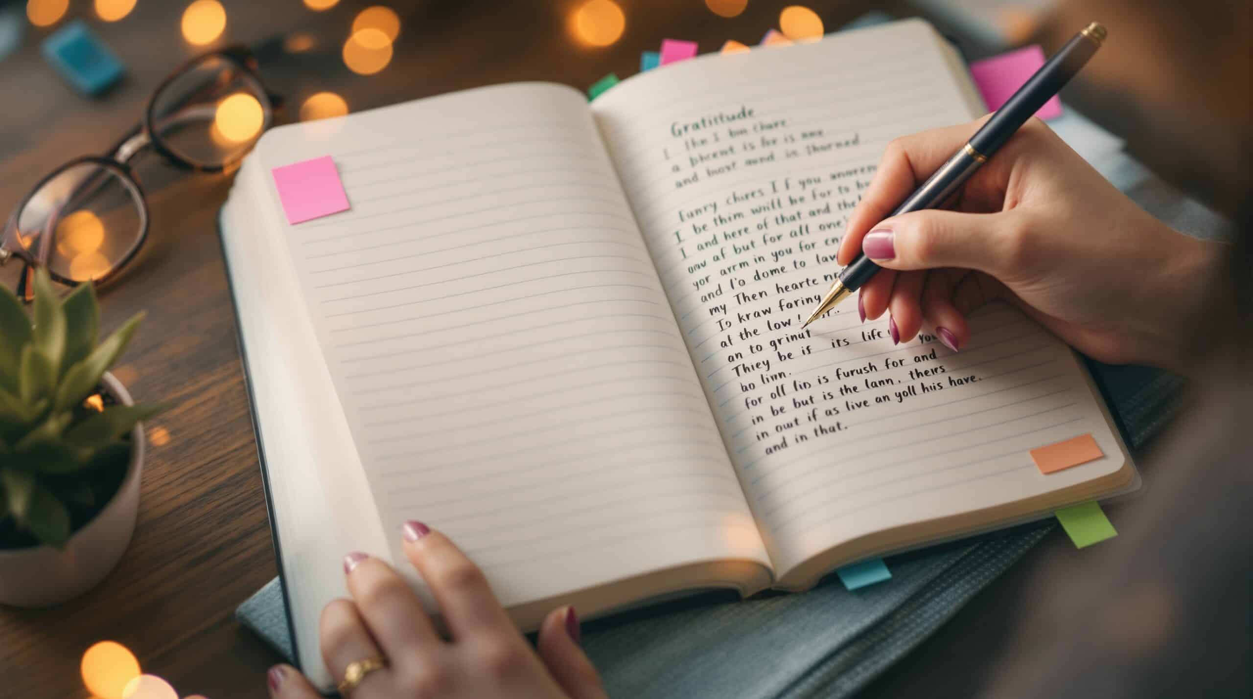 Hands writing in a gratitude journal with pen, surrounded by reading glasses and plant in warm lighting