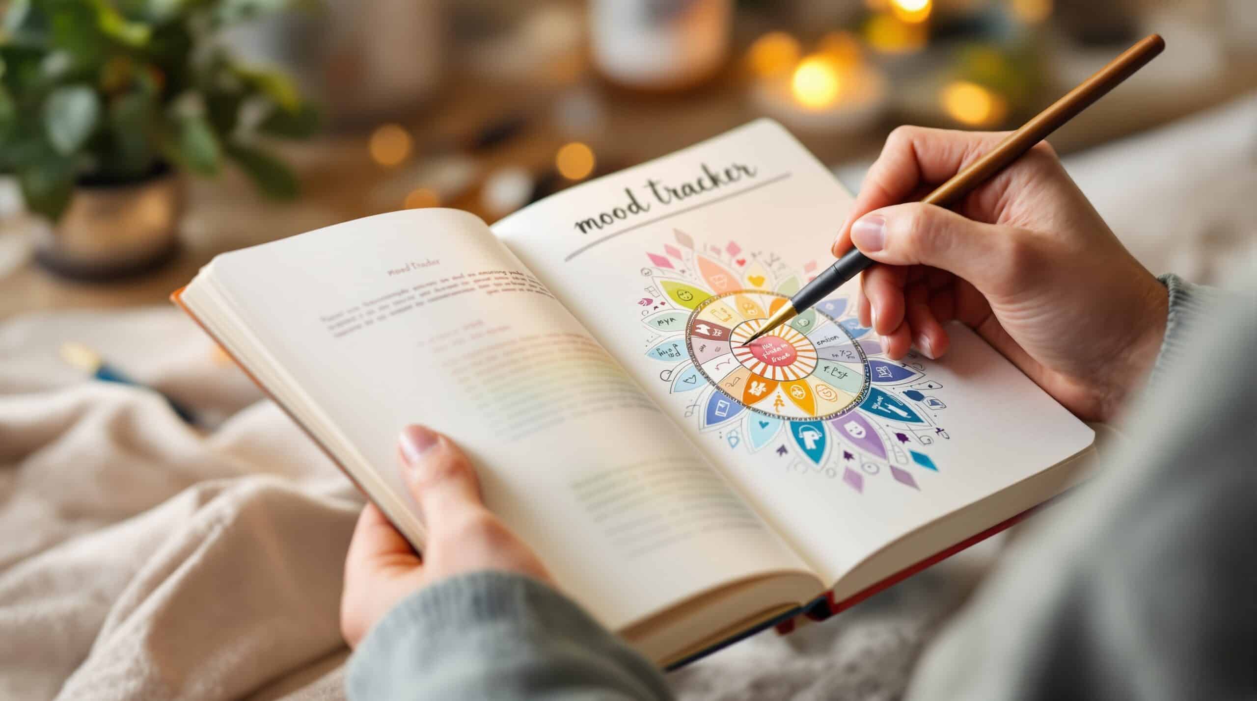 Hands filling in colorful mandala-style bullet journal mood tracker with watercolor brush, showing creative emotion monitoring