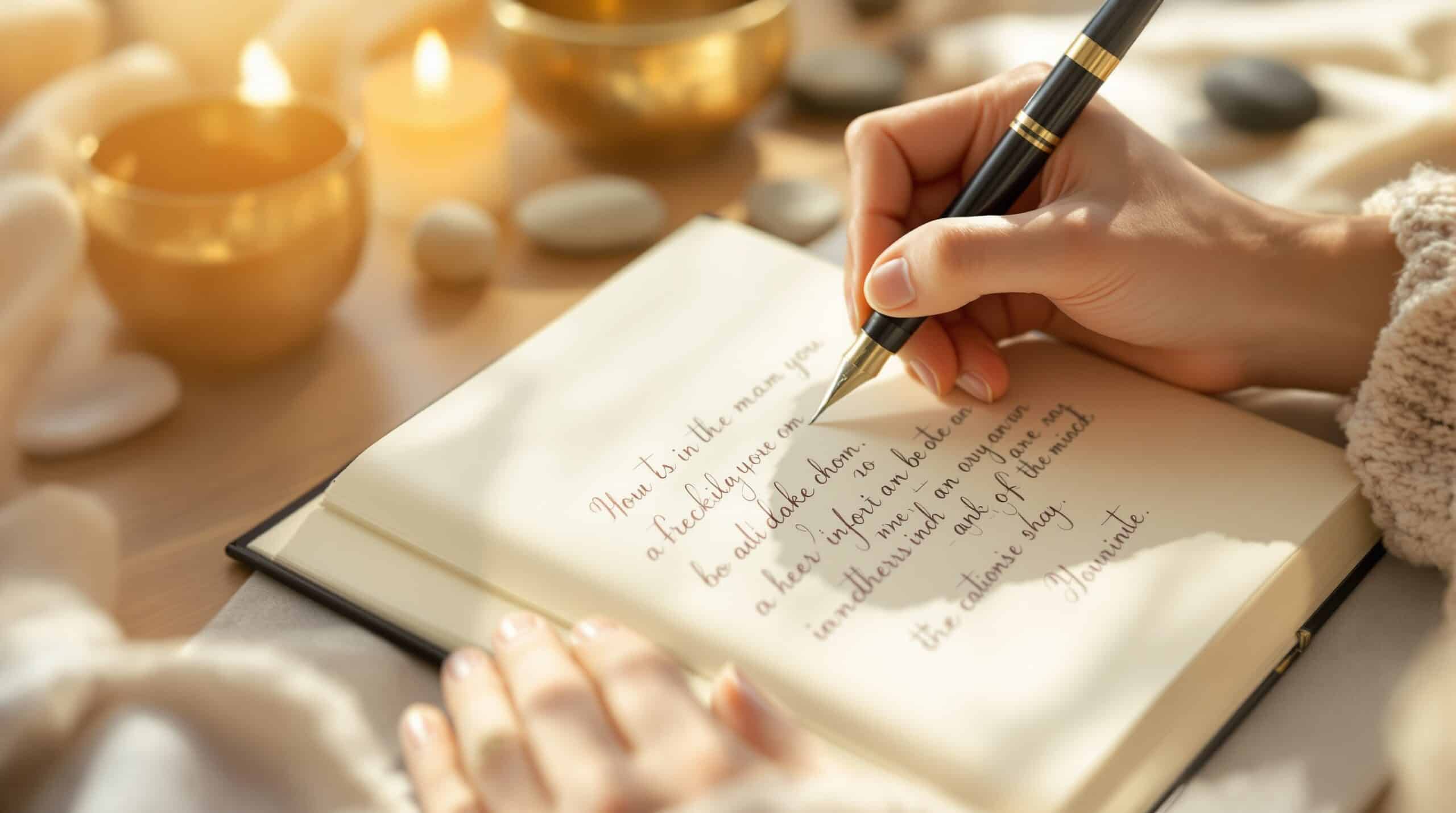 Hands writing in journal with fountain pen, meditation elements like singing bowl and stones in soft background