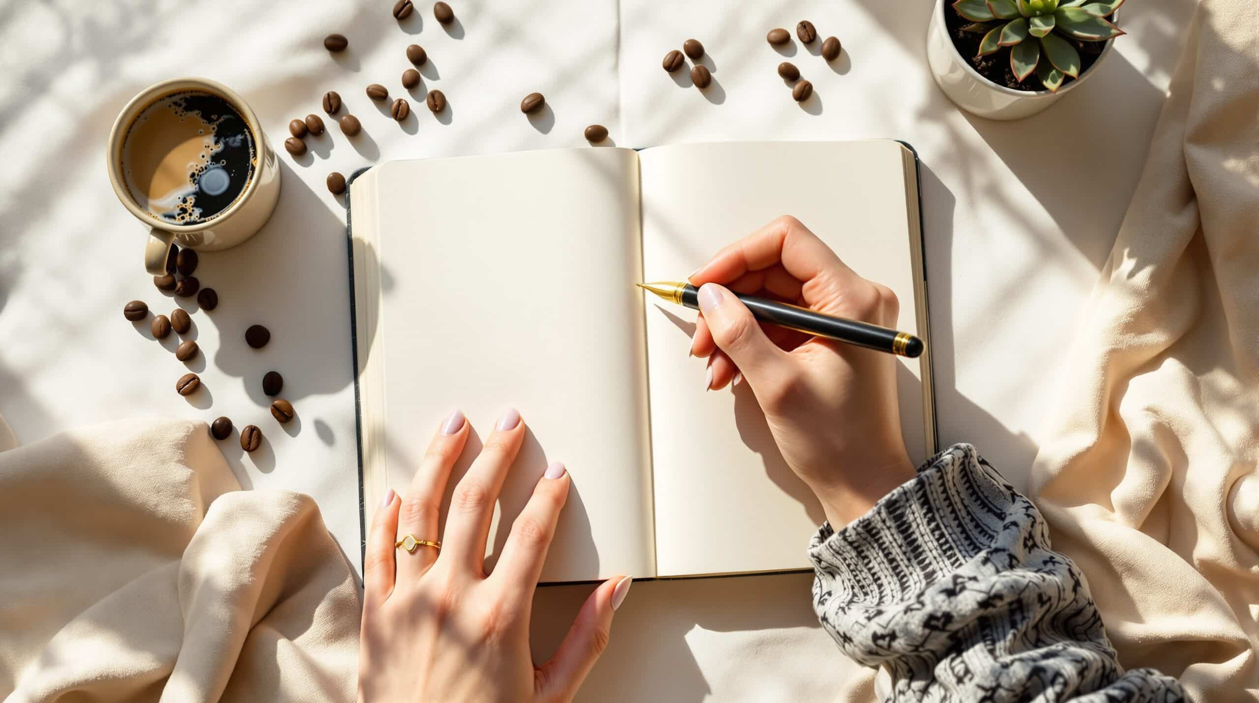 Overhead view of hands writing in journal with pen, surrounded by coffee beans and succulent in morning light