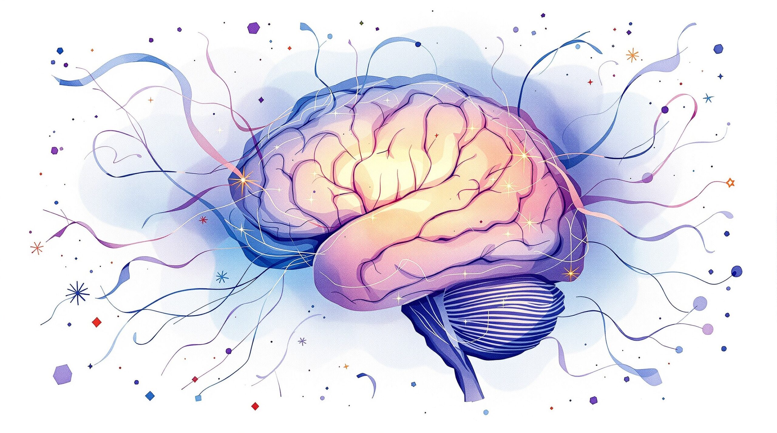 Watercolor brain illustration with glowing neural pathways in blues and purples, surrounded by flowing emotional elements
