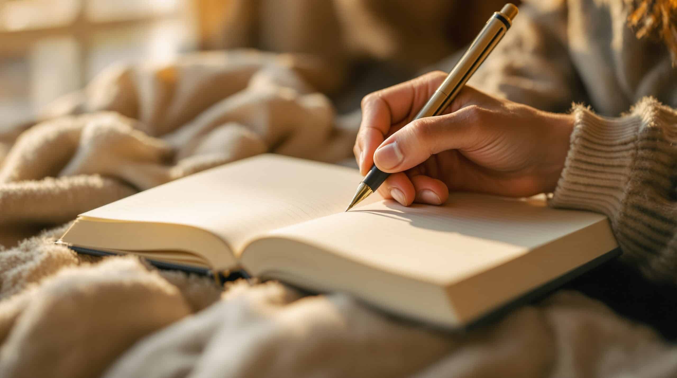 Hands writing in a self care journal with golden lighting, showing the therapeutic practice of journaling