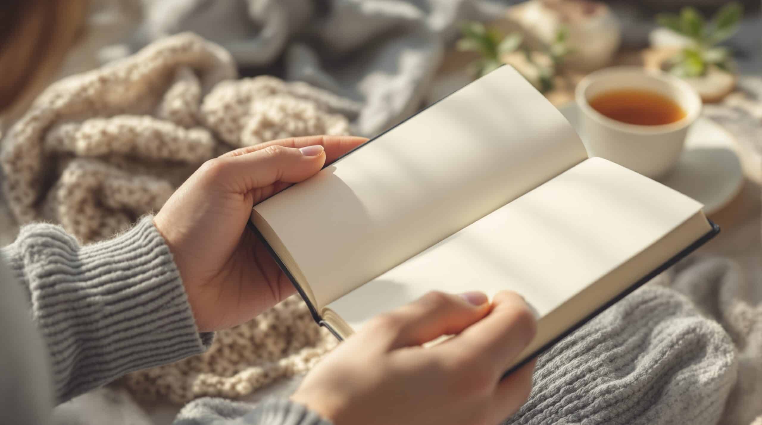 Hands holding open blank journal with soft natural light, cozy blanket and tea in background for emotional journaling