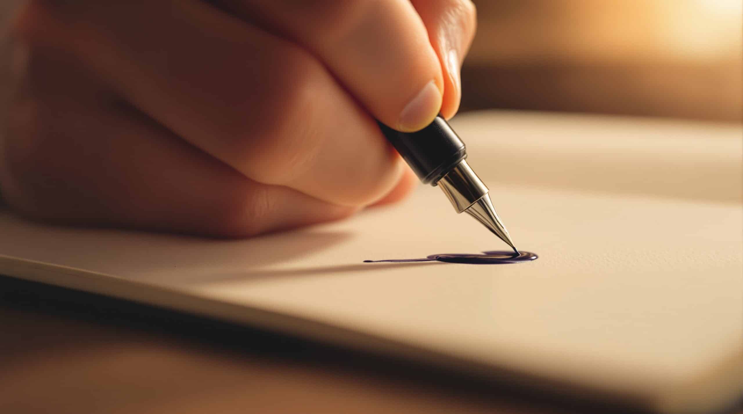 Close-up of hand writing in journal with fountain pen, showing smooth dark blue ink flow on cream paper