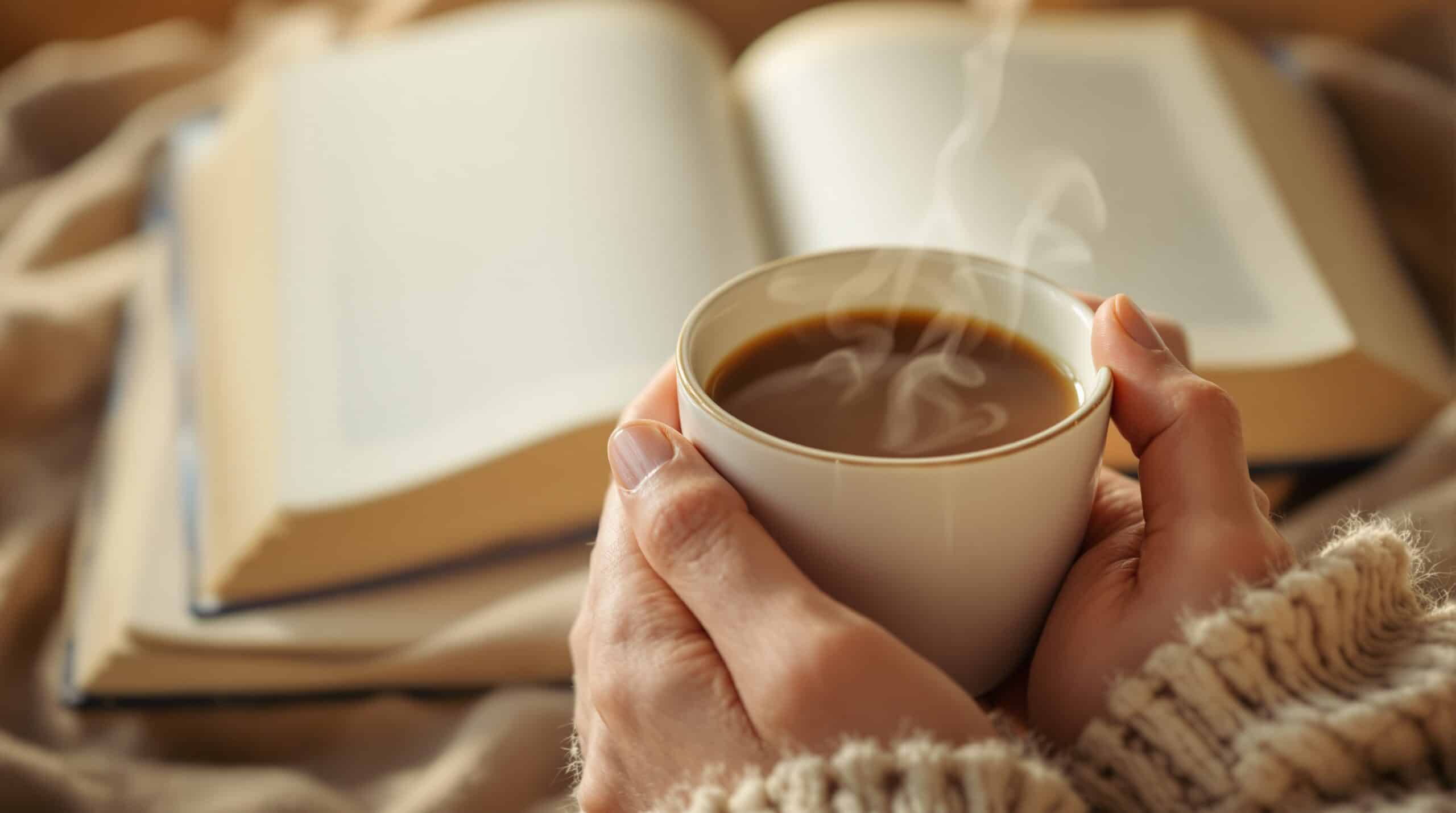 Hands holding steaming cup with open grief journal in soft background, creating cozy therapeutic writing atmosphere