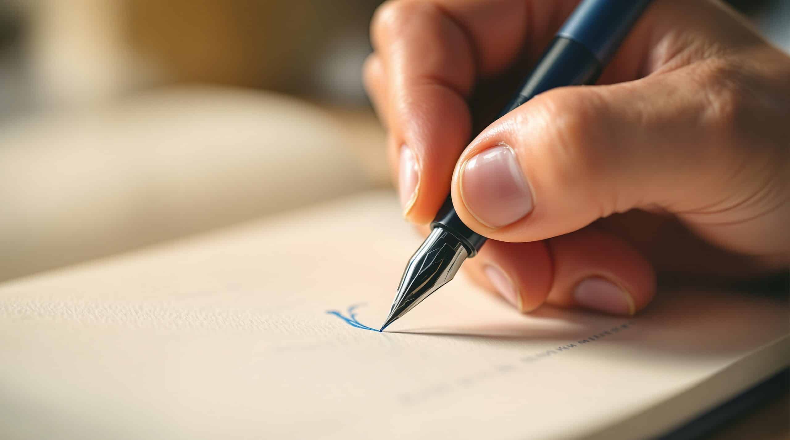 Close-up of hand holding fountain pen writing on journal paper with blue-black ink flowing smoothly