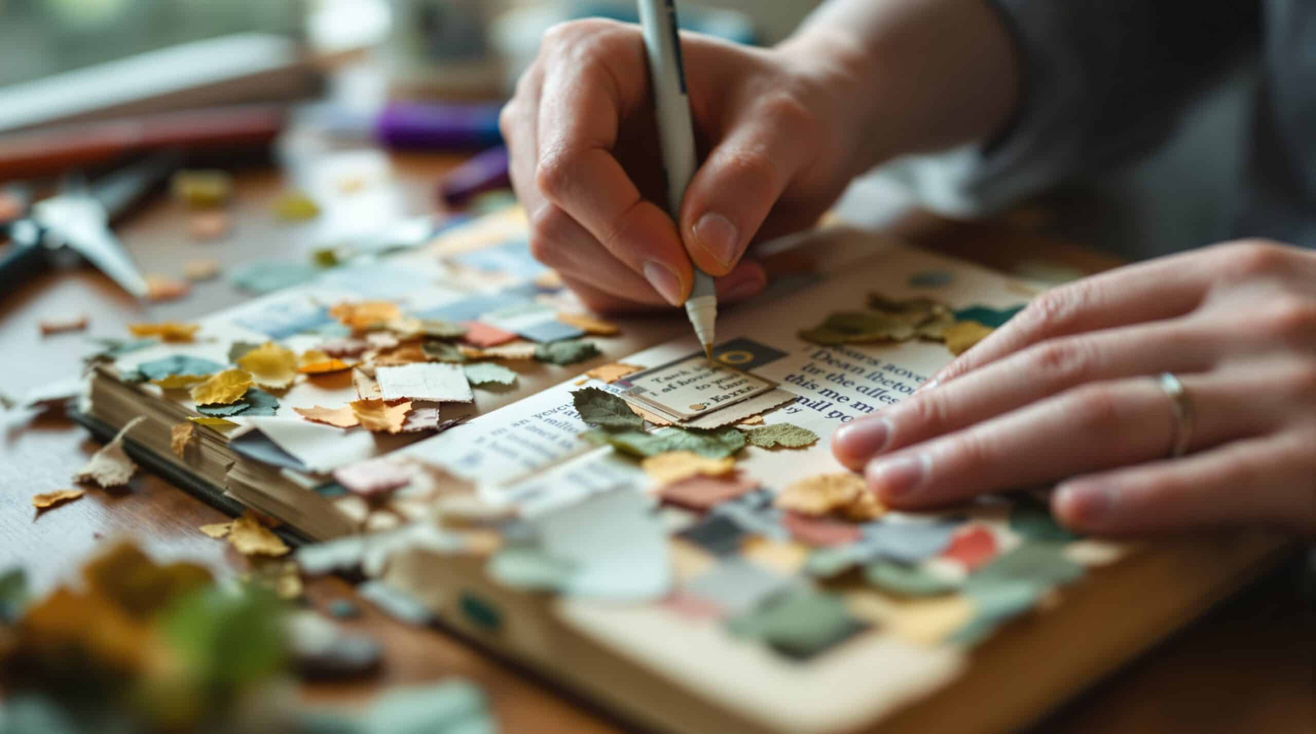 Hands creating junk journal page with vintage ephemera, glue stick, and layered materials like magazine clippings
