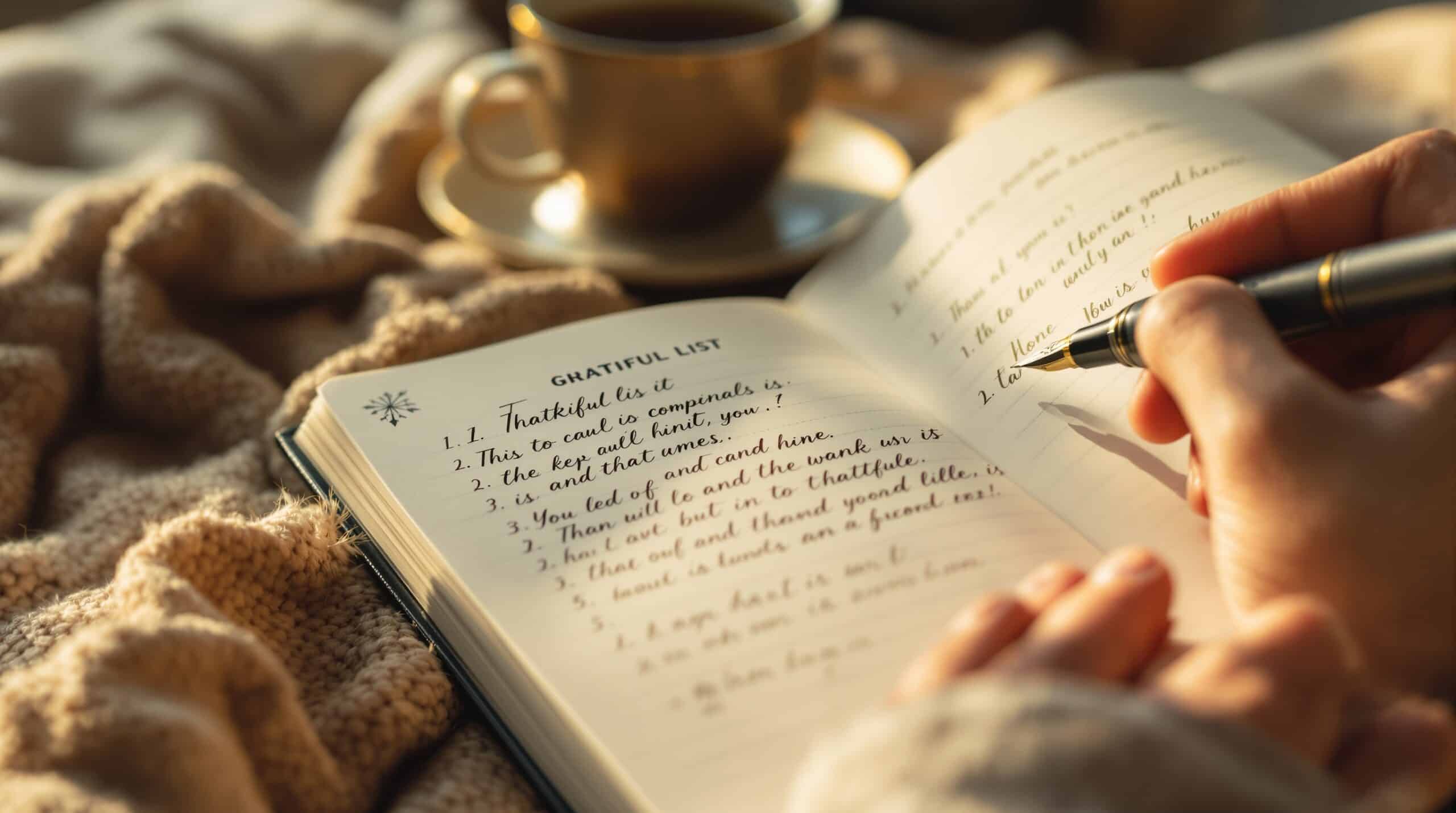 Hands writing gratitude lists in journal with fountain pen, showing different types of journaling techniques
