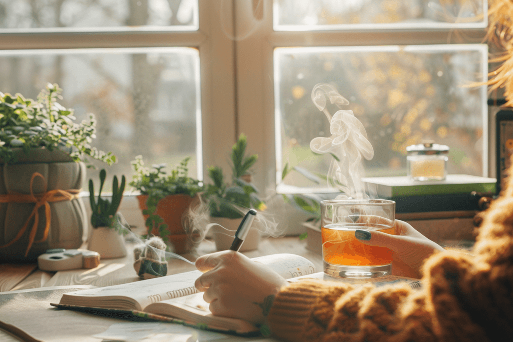 Hands writing introspective thoughts in a journal surrounded by tea and meaningful objects, capturing a moment of reflection during a journey of self discovery.