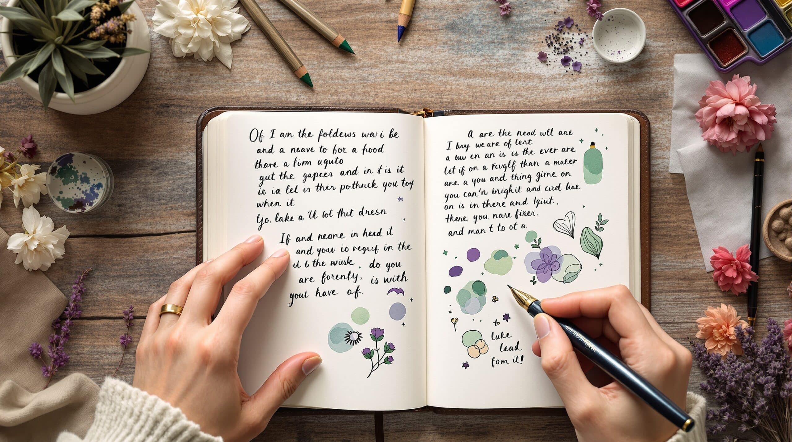 Hands writing in journal with fountain pen, surrounded by art therapy materials, watercolor sketches, and colored pencils