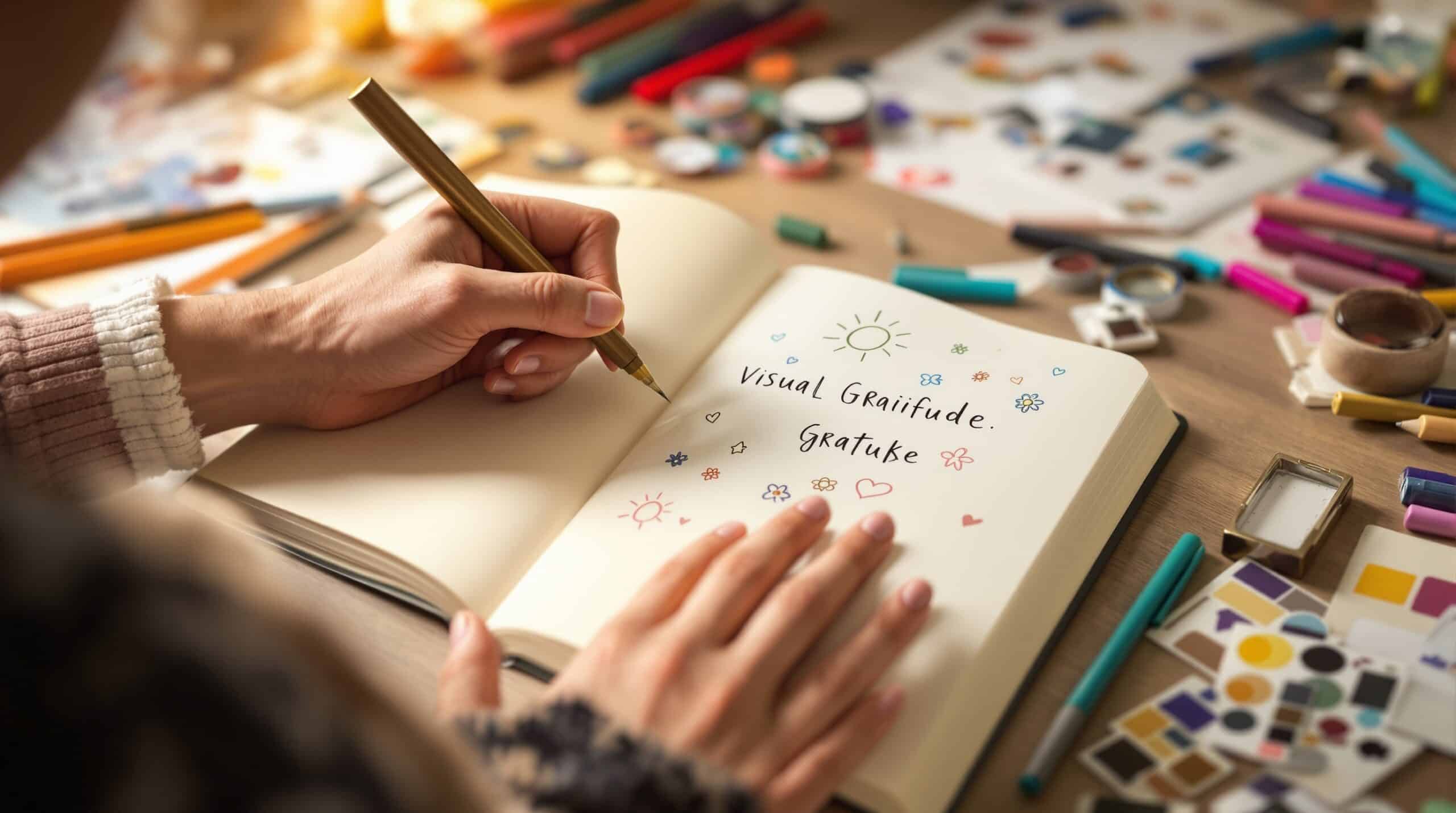Hands sketching doodles and drawings in gratitude journal with colored pens, art supplies, and photos nearby