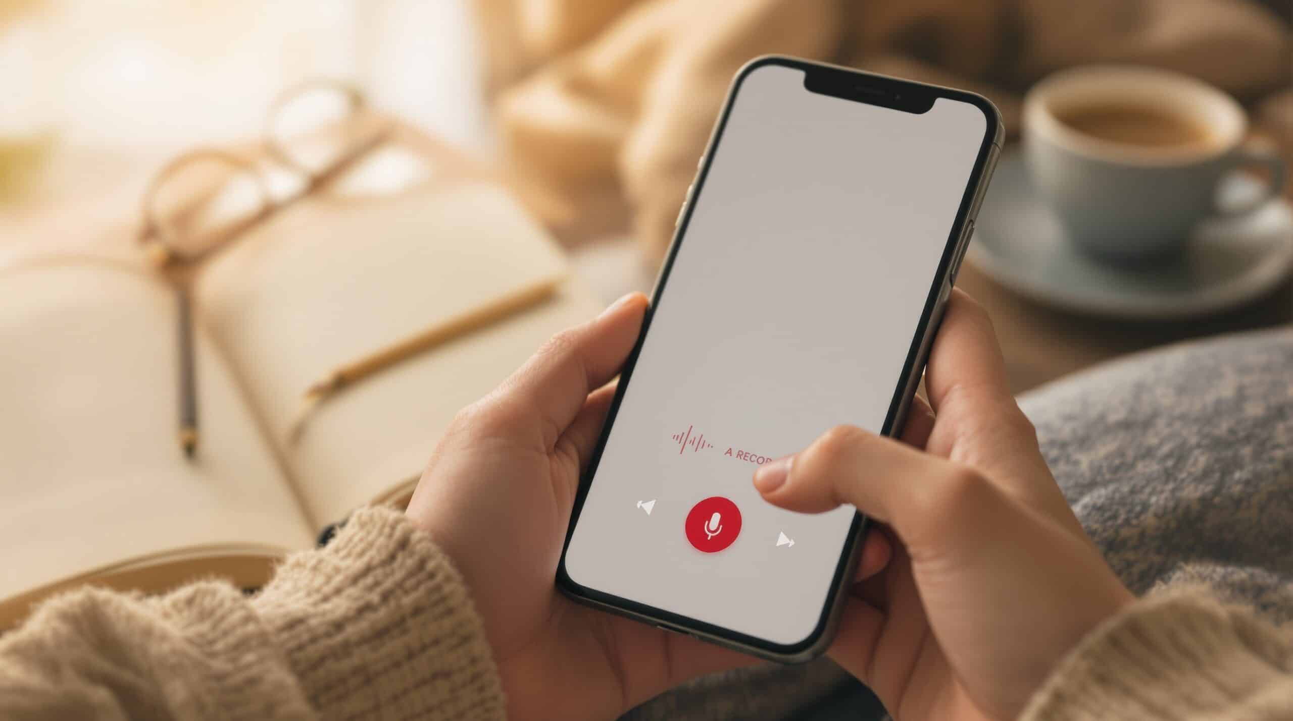 Hands holding smartphone with voice recording app open, red record button visible, in cozy setting with journal nearby