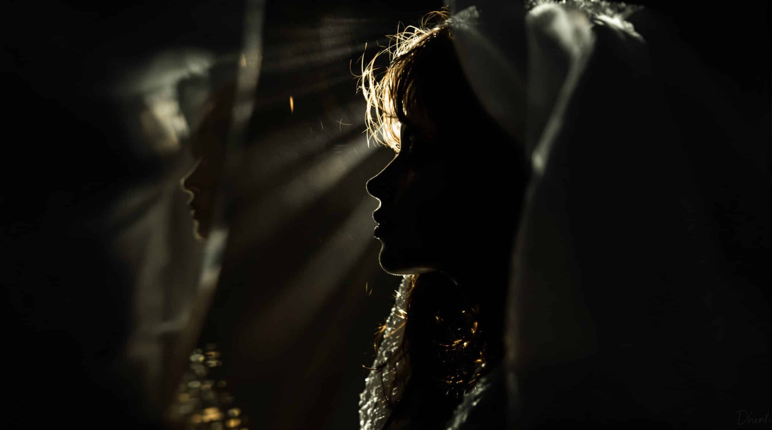 Person's silhouette reflected in mirror with dramatic lighting, symbolizing shadow work and self-reflection