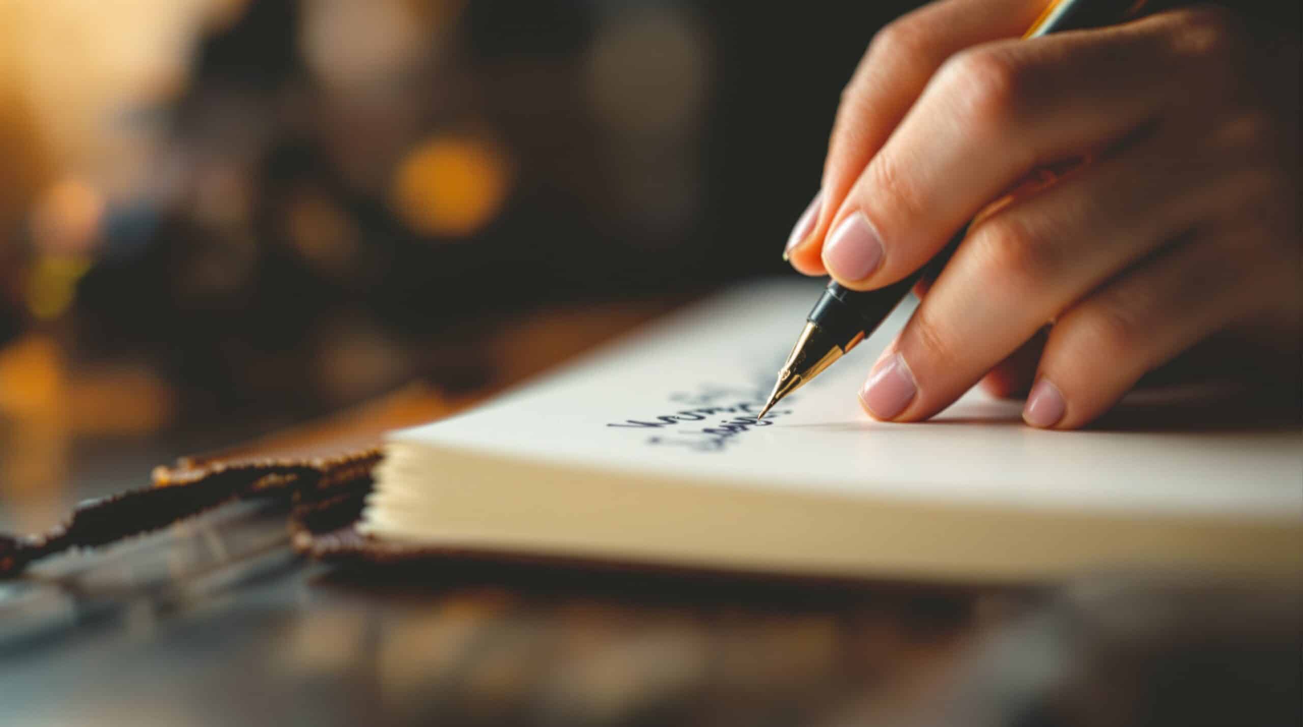 Close-up of hands writing in leather journal with pen, showing graceful handwriting in warm, intimate lighting