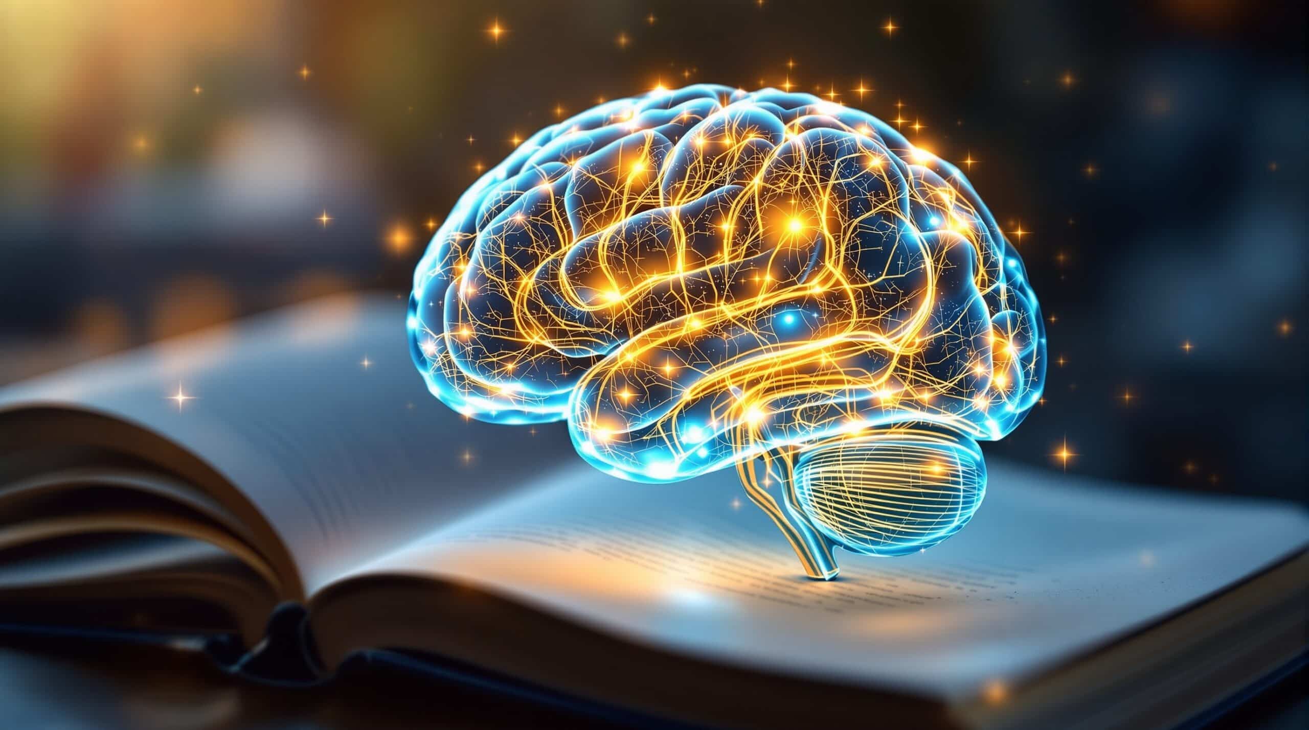 Glowing translucent brain with neural pathways floating above open journal, representing goal journaling science