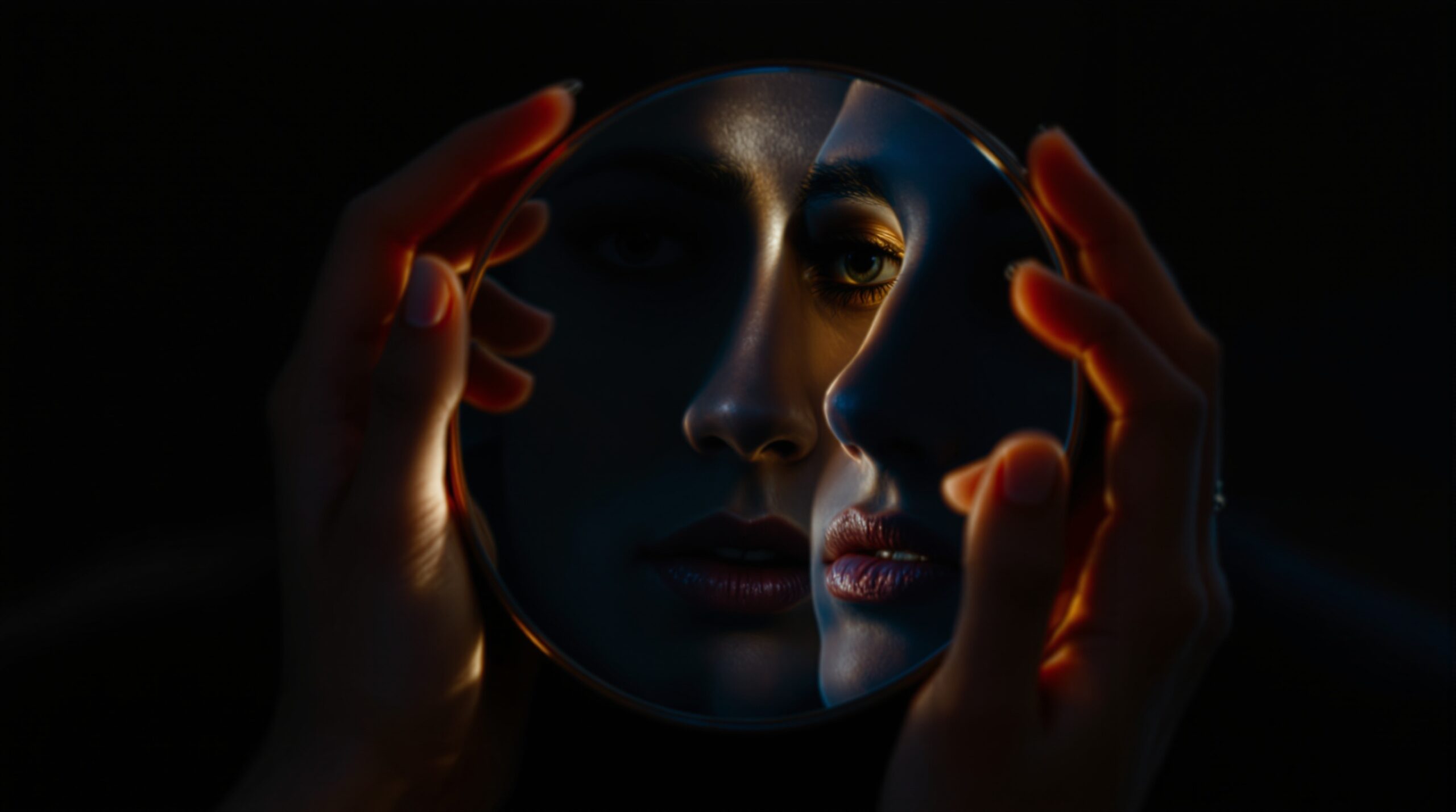 Hands holding mirror reflecting half a face, other half in shadow, representing shadow journaling self-exploration