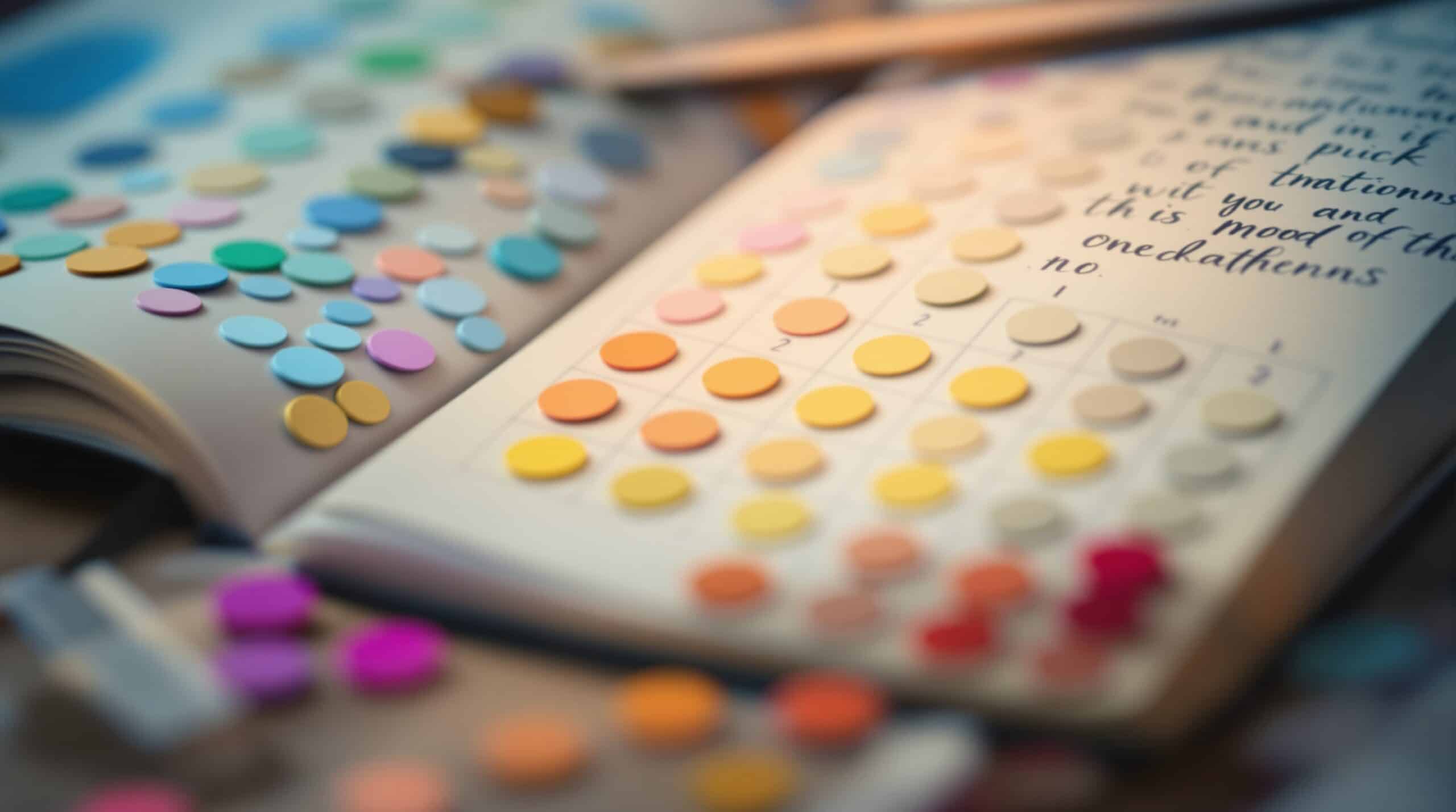 Colorful emotion-tracking dots and mood icons arranged on calendar grids with an open journal in soft focus background