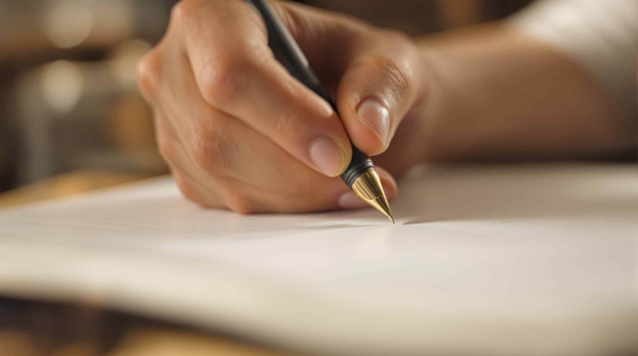 Close-up of hands writing in journal with pen, showing thought journaling process in warm, contemplative lighting