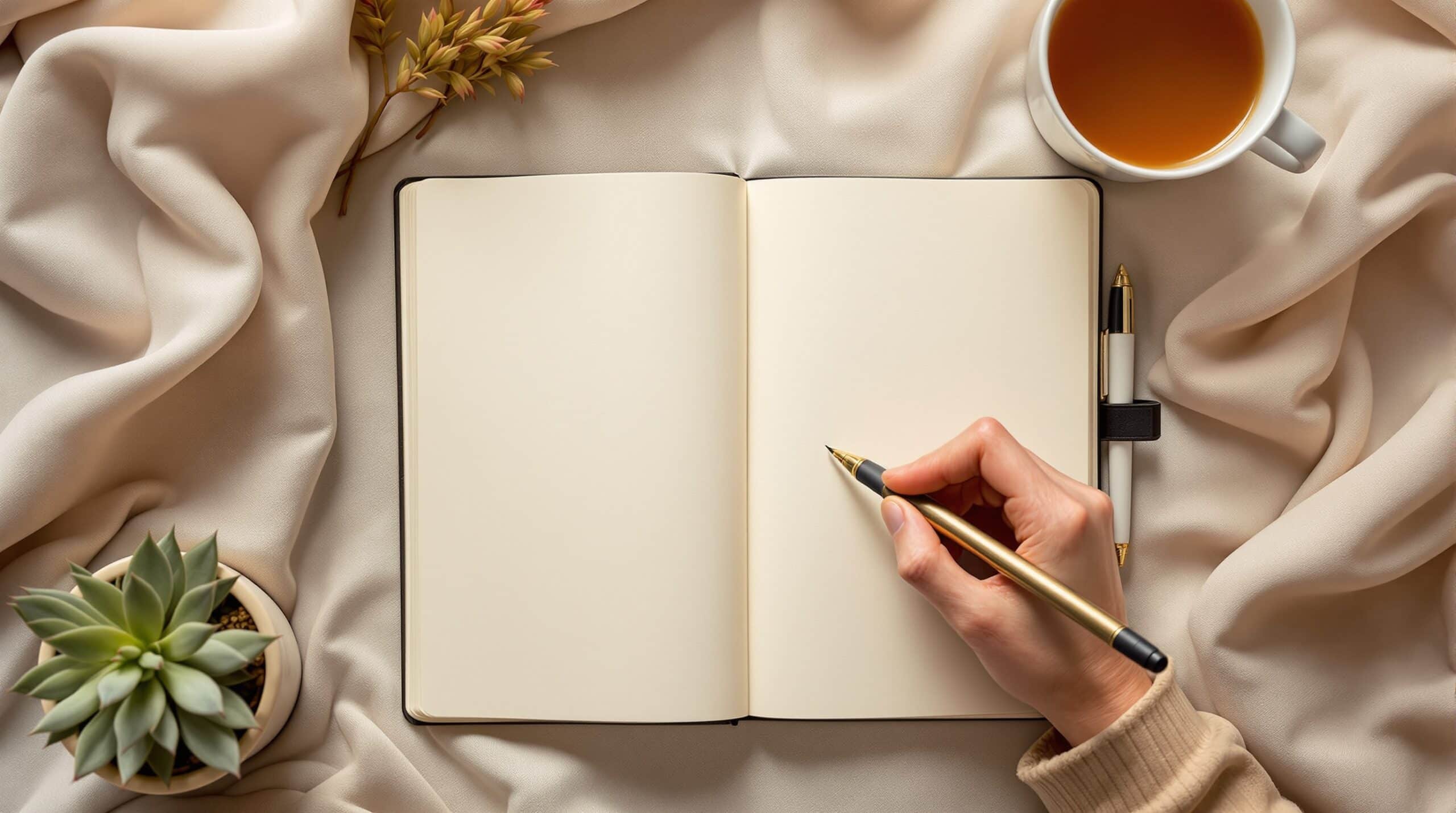 Hands writing in journal with flowing lines, surrounded by tea cup and plant, demonstrating thought journaling practice
