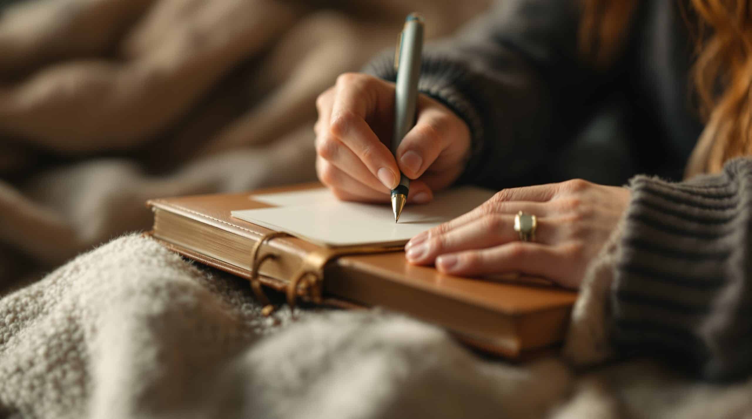 Hands writing in leather journal with pen, soft lighting creating peaceful atmosphere for mental health journaling