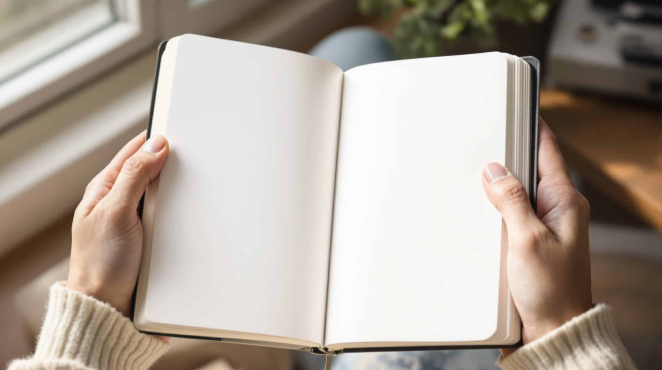 Hands holding open blank journal with pen poised hesitantly above empty pages in soft natural light