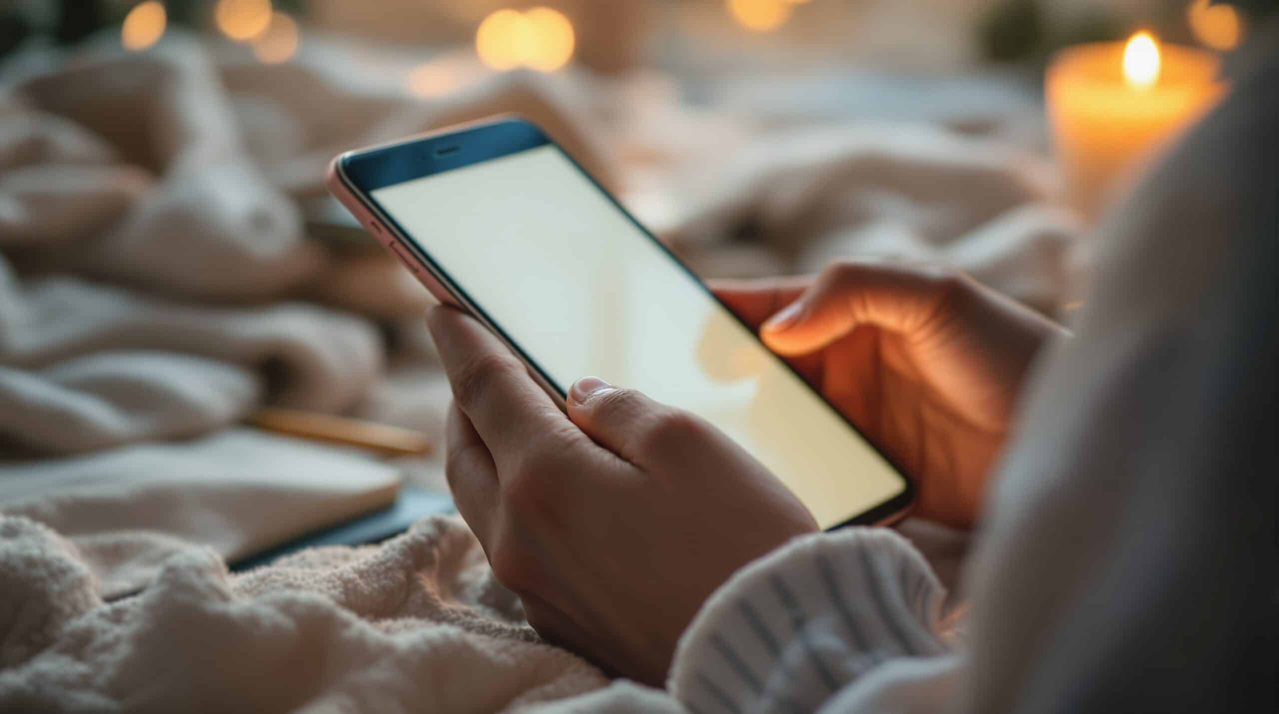 Hands holding smartphone with soft glow in cozy therapeutic setting with journal and candle for mental wellness